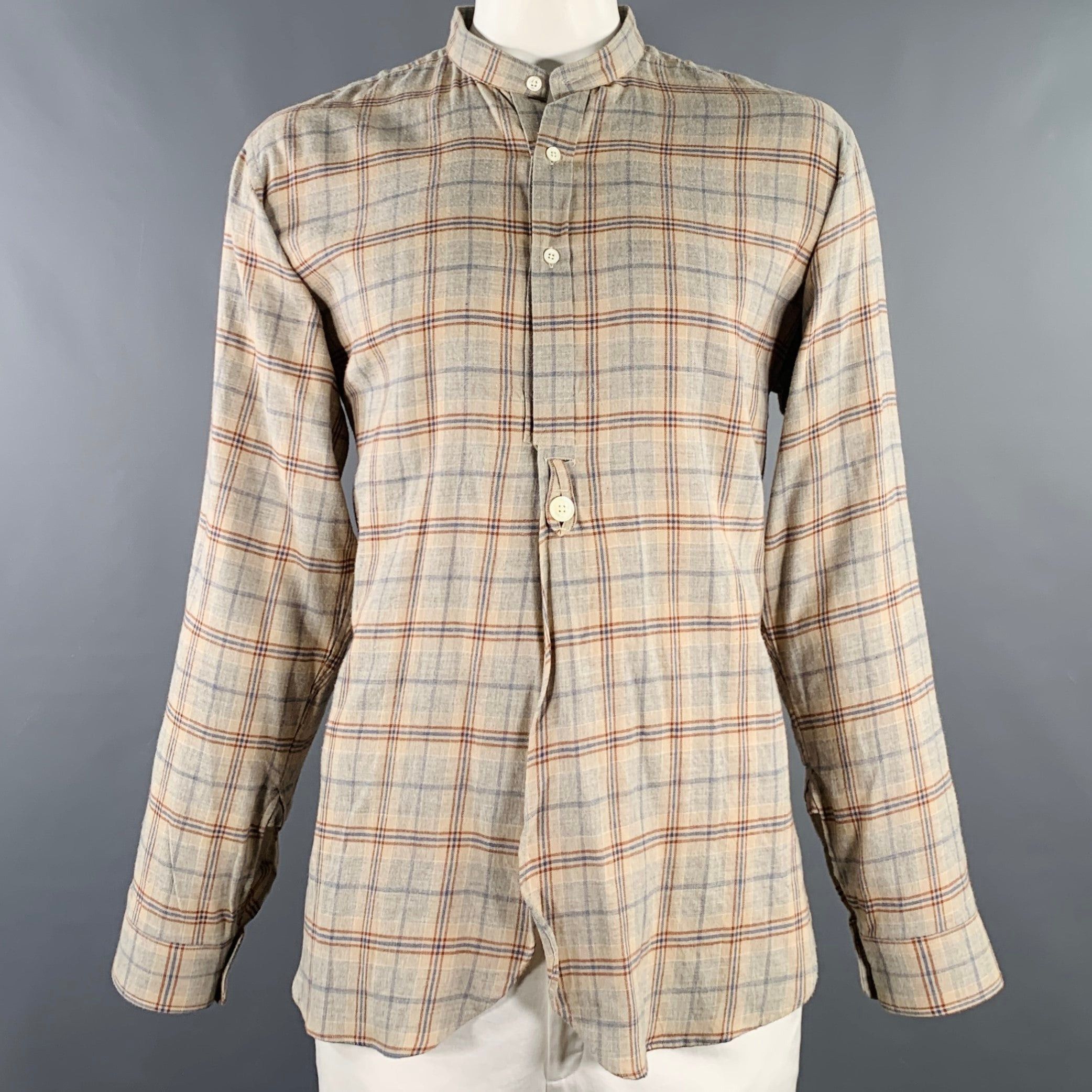 XL Grey Navy Brown Plaid Wool Nehru Collar Long Sleeve Shirt