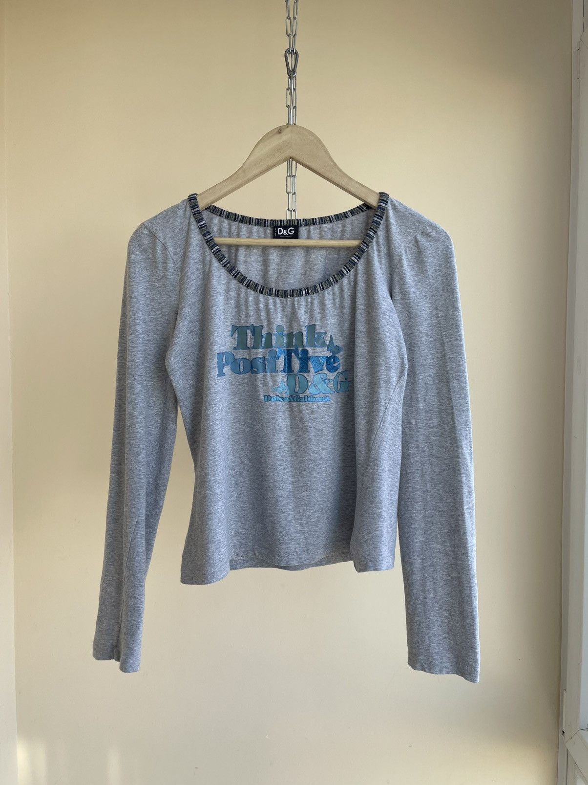 Think Positive Scoop Neck Long Sleeve T-Shirt Top 2000s Y2K