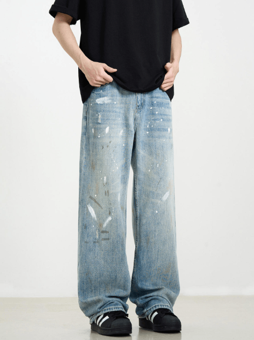 Japanese Brand Men's ink-splashed vintage washed loose casual jeans Size US 32 / EU 48 - 3 Thumbnail
