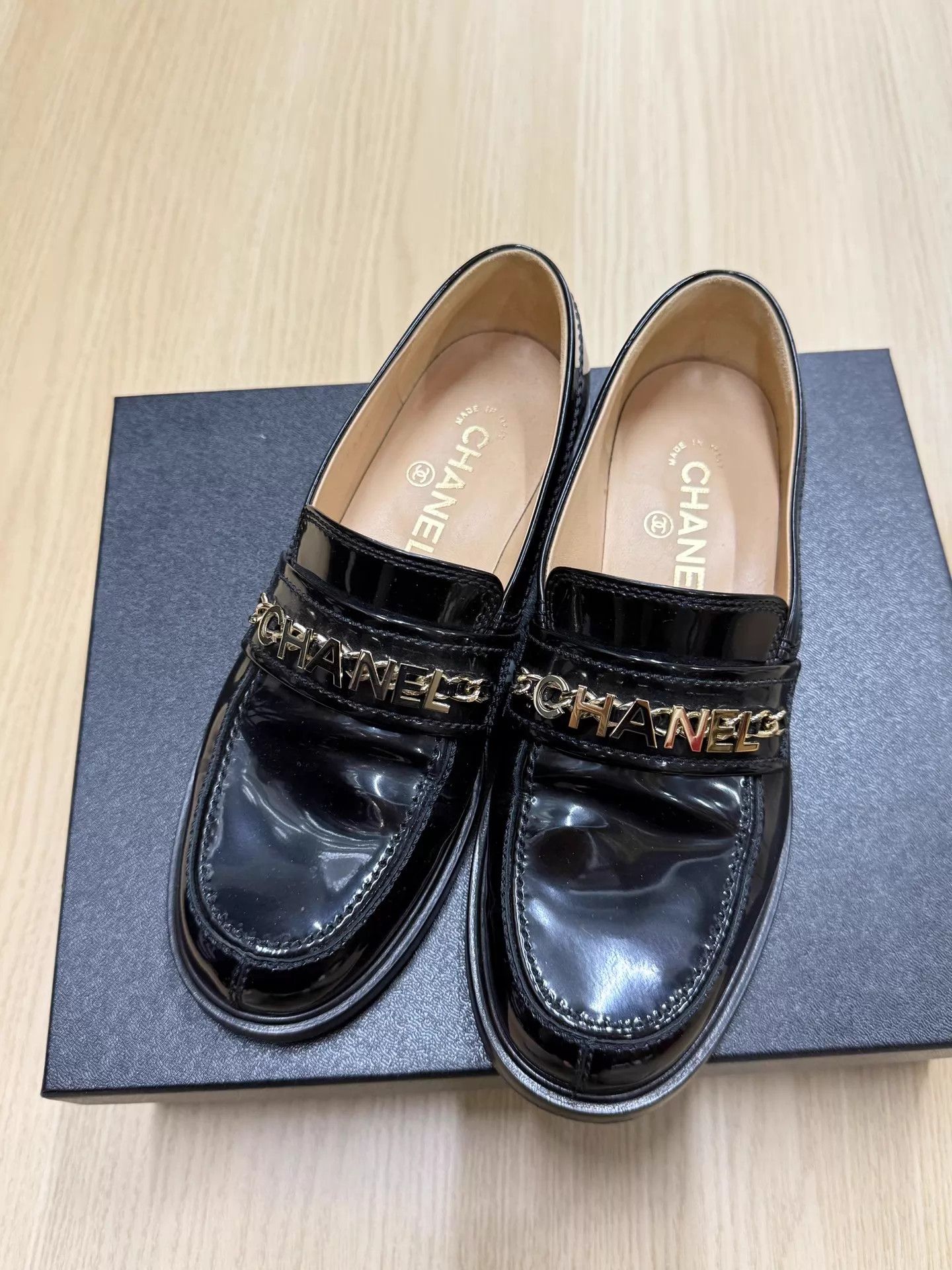 Chanel CHANEL Black & Gold Logo Loafers 37.5 New Size US 7 / IT 37 - 1 Thumbnail