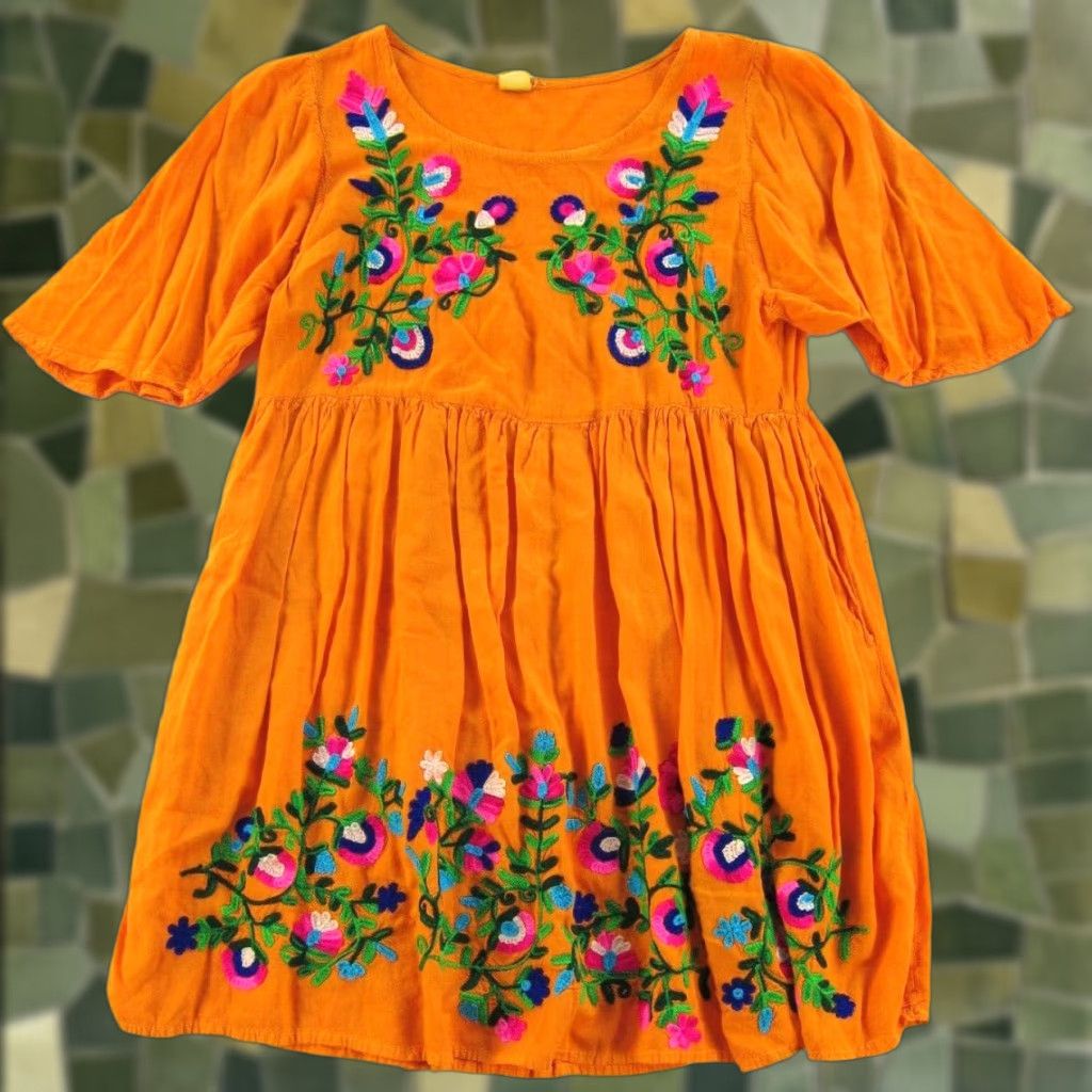 Rivieras VINTAGE Riviera Sun Dress Smock, Floral Embroidered Pocket, L-XL, Orange Green Pink, Rayon, Shirt Dress, Womens Size L / US 10 / IT 46 - 1 Thumbnail
