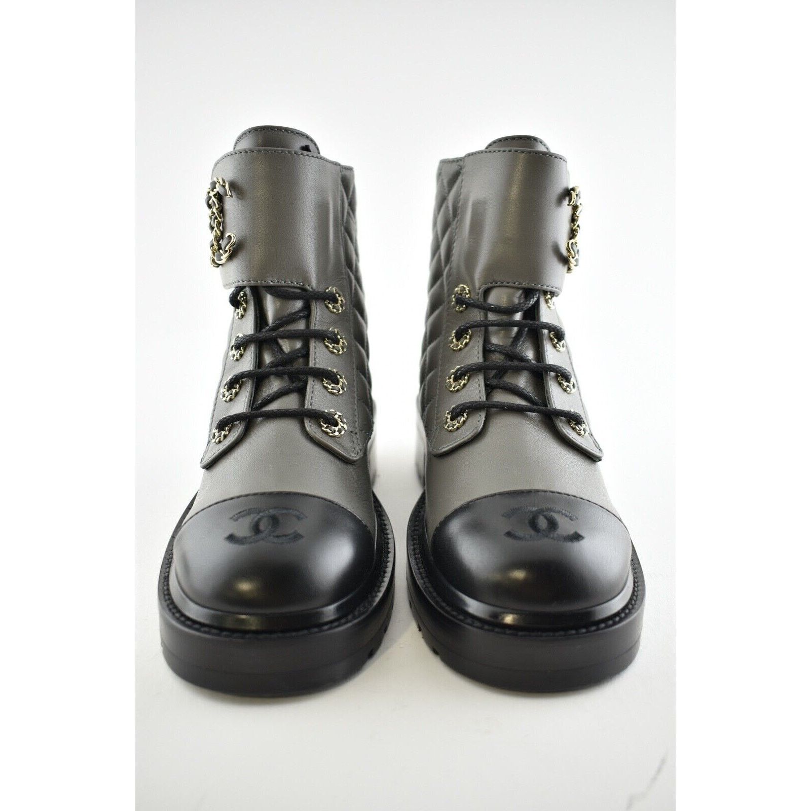 Chanel Chanel 21A Grey Black Quilted CC Chain Combat Lace Up Size US 5.5 / IT 35.5 - 5 Thumbnail