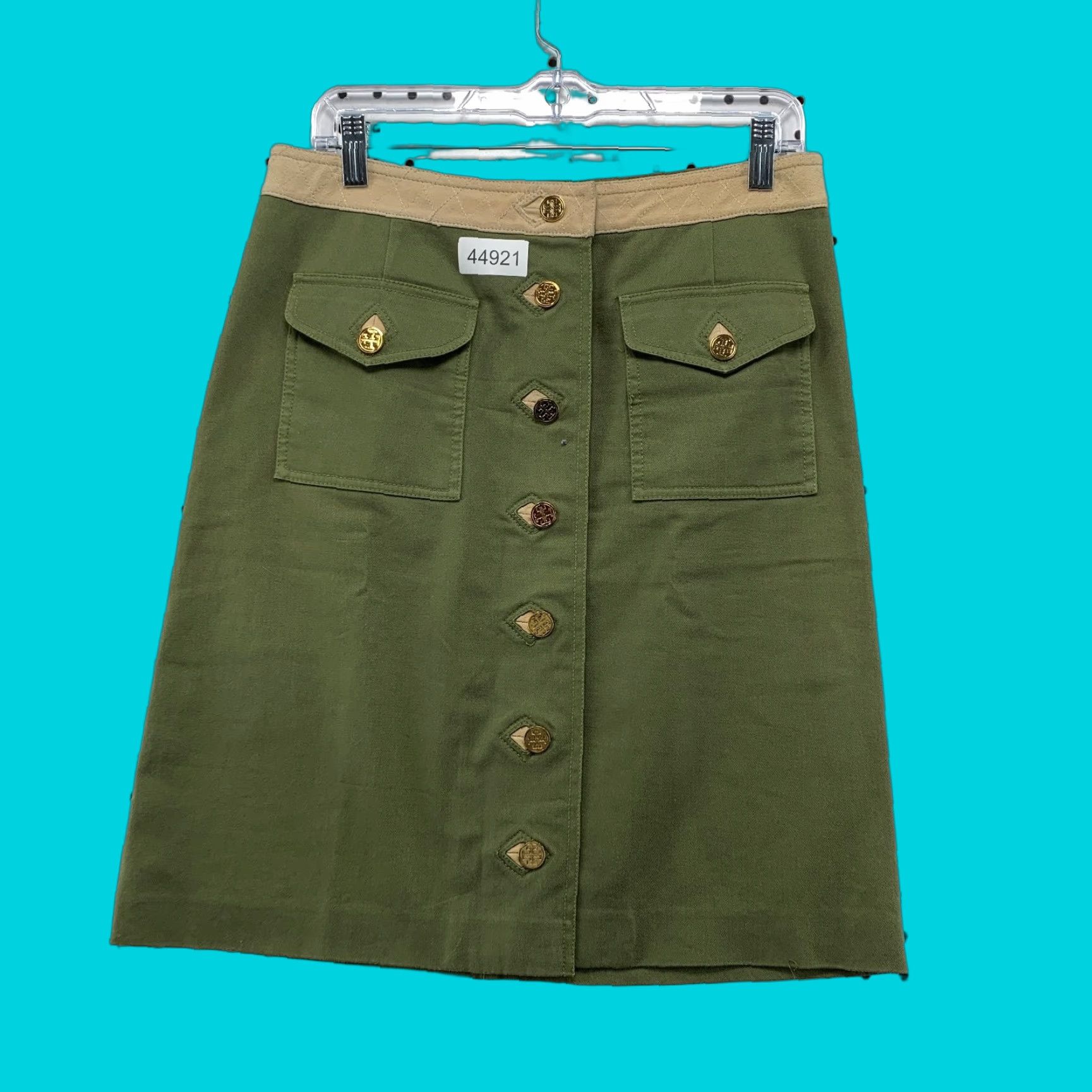 Tory Burch Skirt Womens 8 Cargo Pockets Military Green Gold Buttons Knee Length