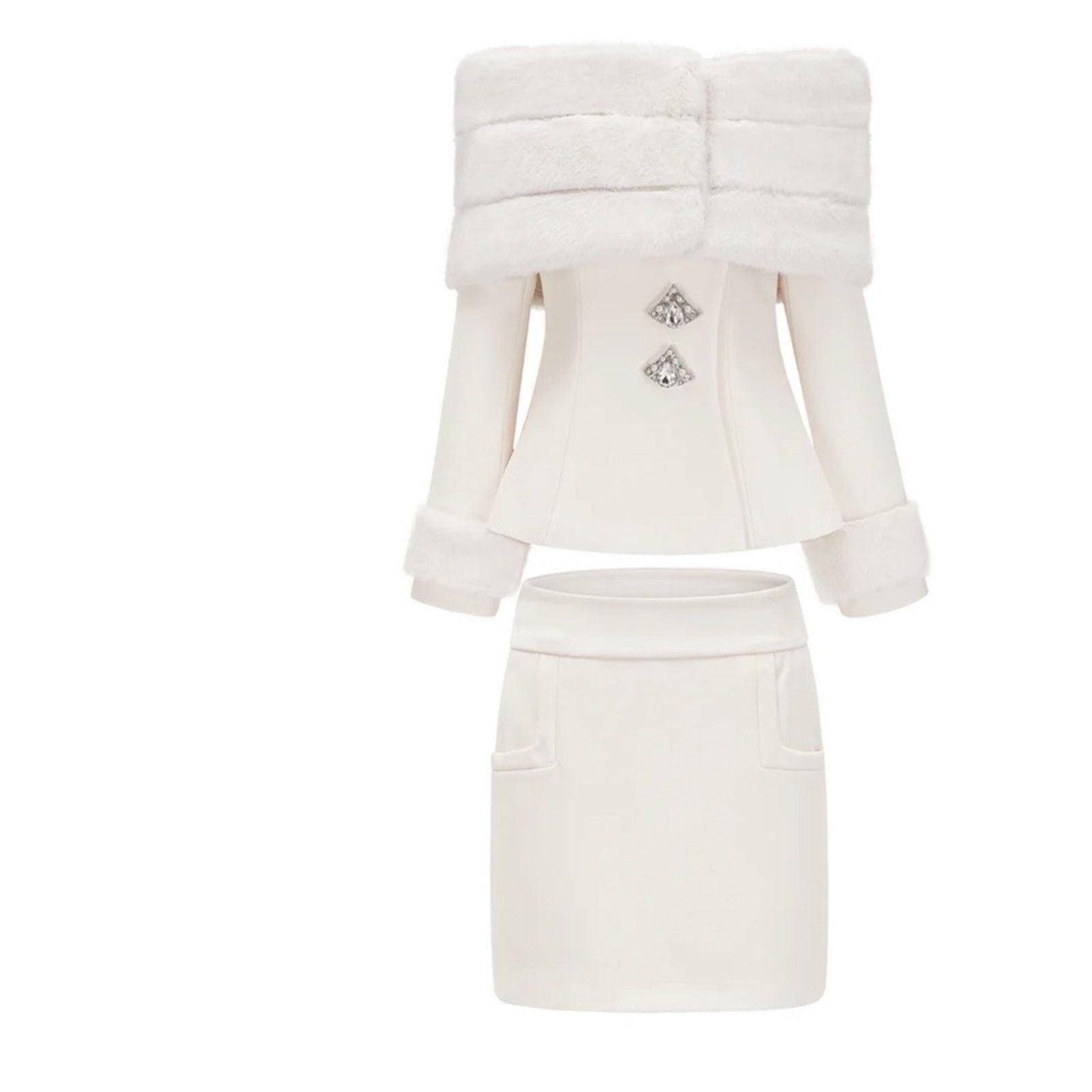 Other Old Money Jessica Bara White Faux Fur Jacket & Skirt size S Size XS / US 0-2 / IT 36-38 - 4 Thumbnail