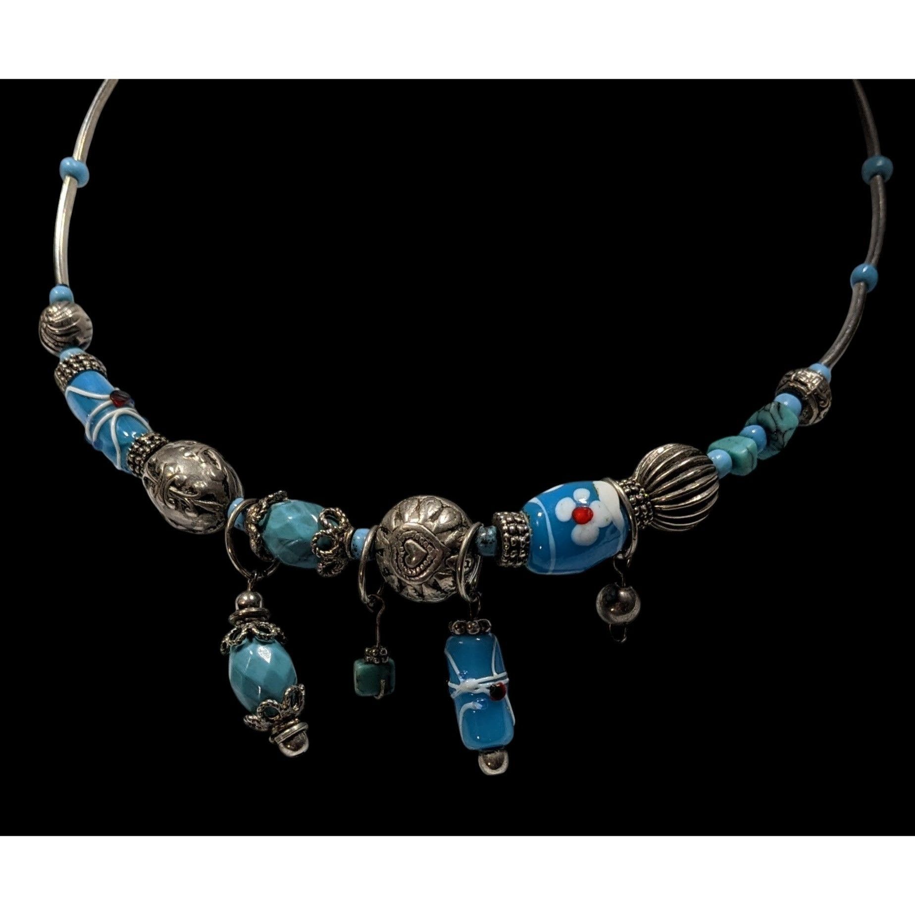 Handmade Handcrafted Beaded Necklace With Blue Glass Charms & Silver Size ONE SIZE - 2 Thumbnail