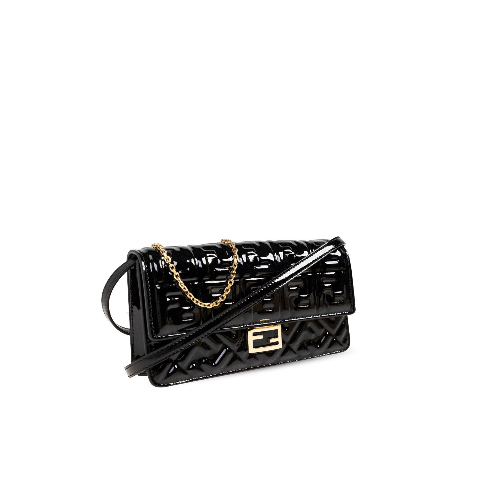 FENDI Baguette $1750 Black Patent Leather Chain Wallet New &