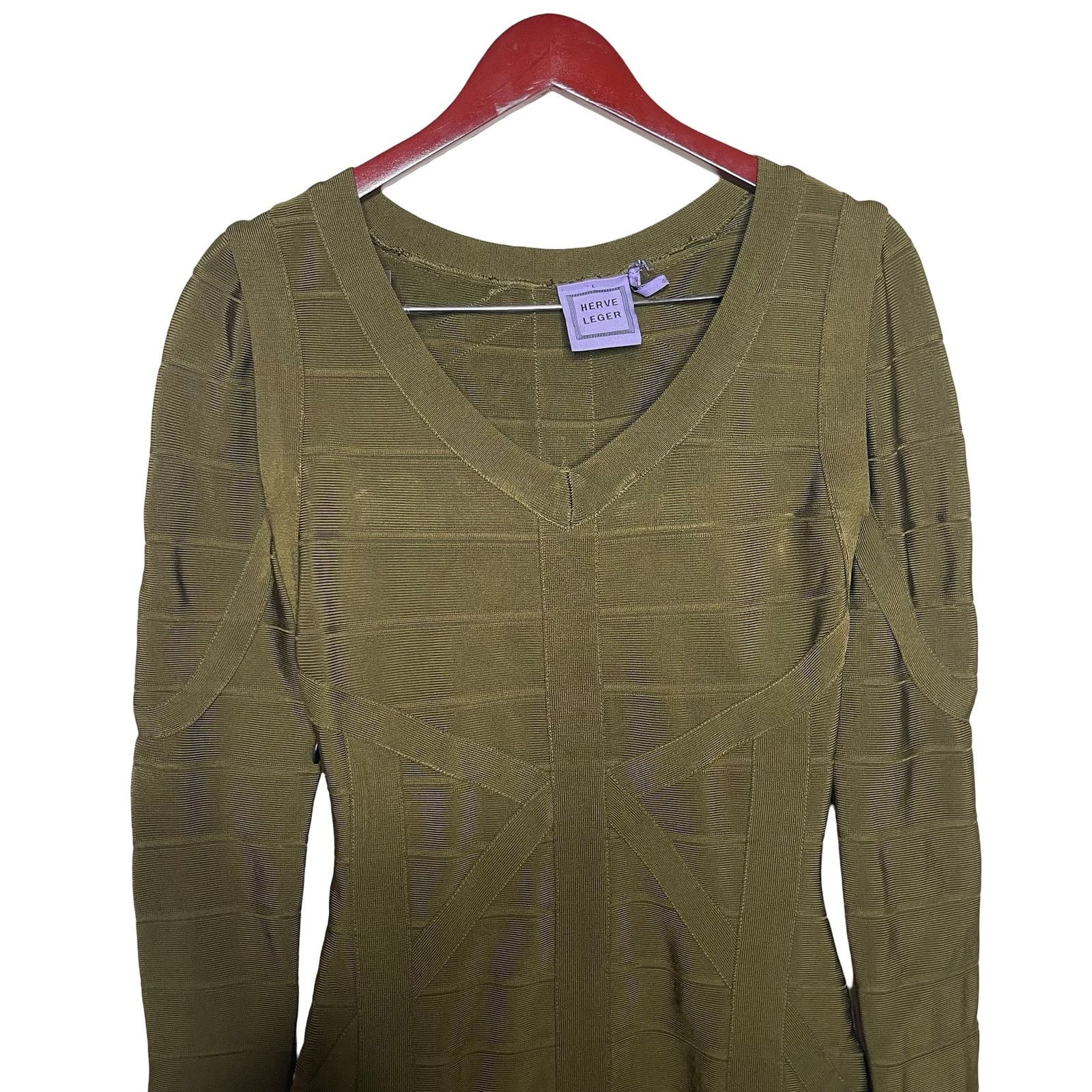 Herve Leger Herve Leger Olive Green Bandage mini dress short sleeve sz L Size L / US 10 / IT 46 - 5 Thumbnail