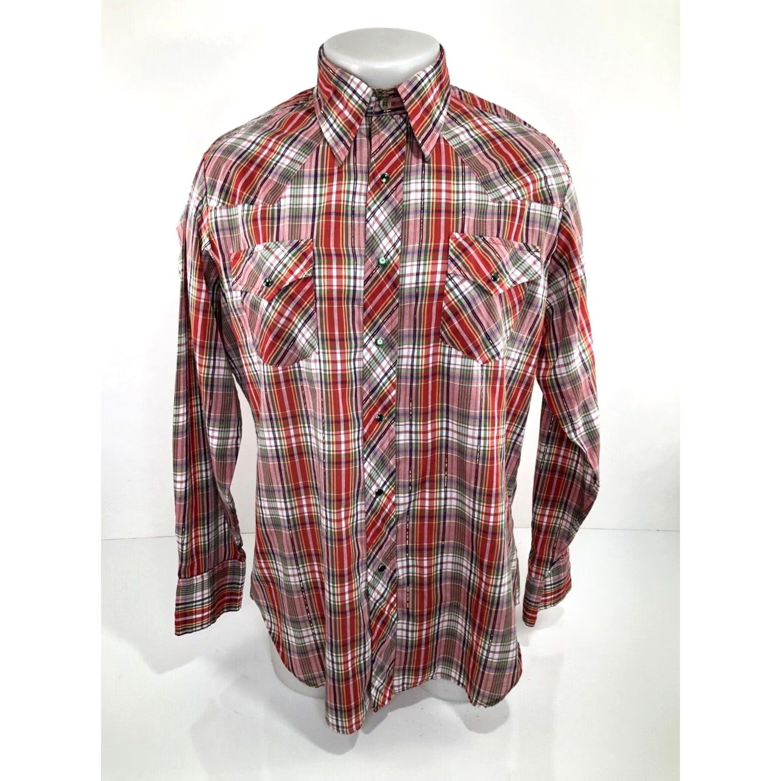 Sears SEARS Western Wear Plaid WHITE / RED / GOLD / BLUE / GREEN SNAP Shirt Mens L Vintage GOLD THREAD 16 Shirt Size US L / EU 52-54 / 3 - 2 Thumbnail