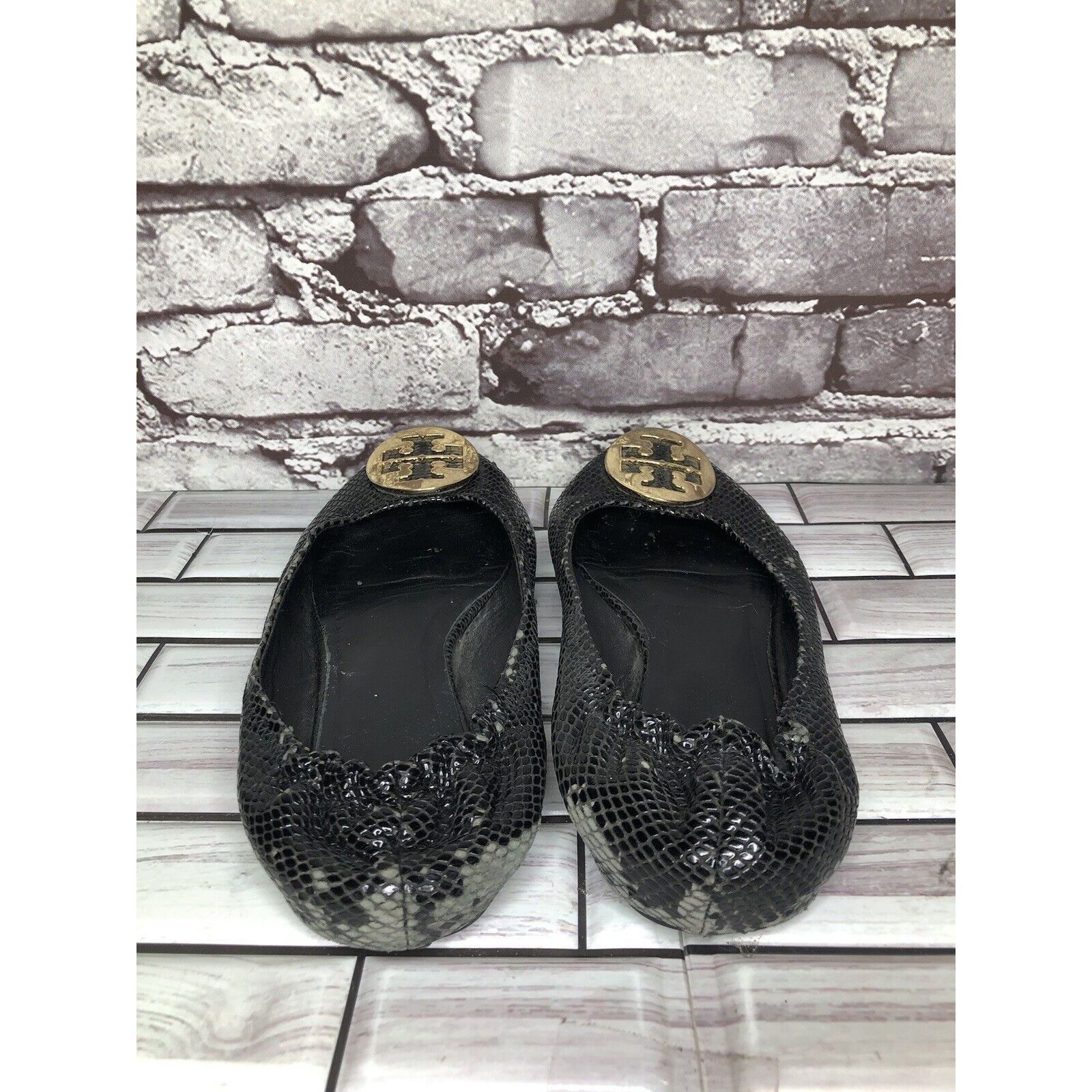 Tory Burch Tory Burch Reva Gold Logo Black Leather Snake Skin Ballet Fl Size US 7.5 / IT 37.5 - 18 Thumbnail