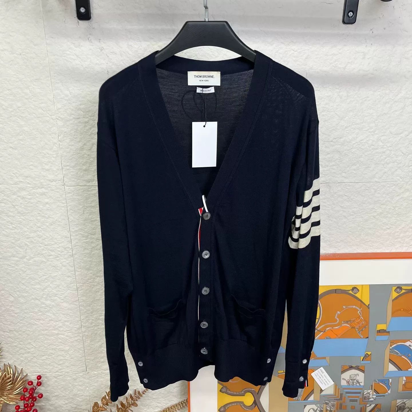 thom browne navy wool knit cardigan