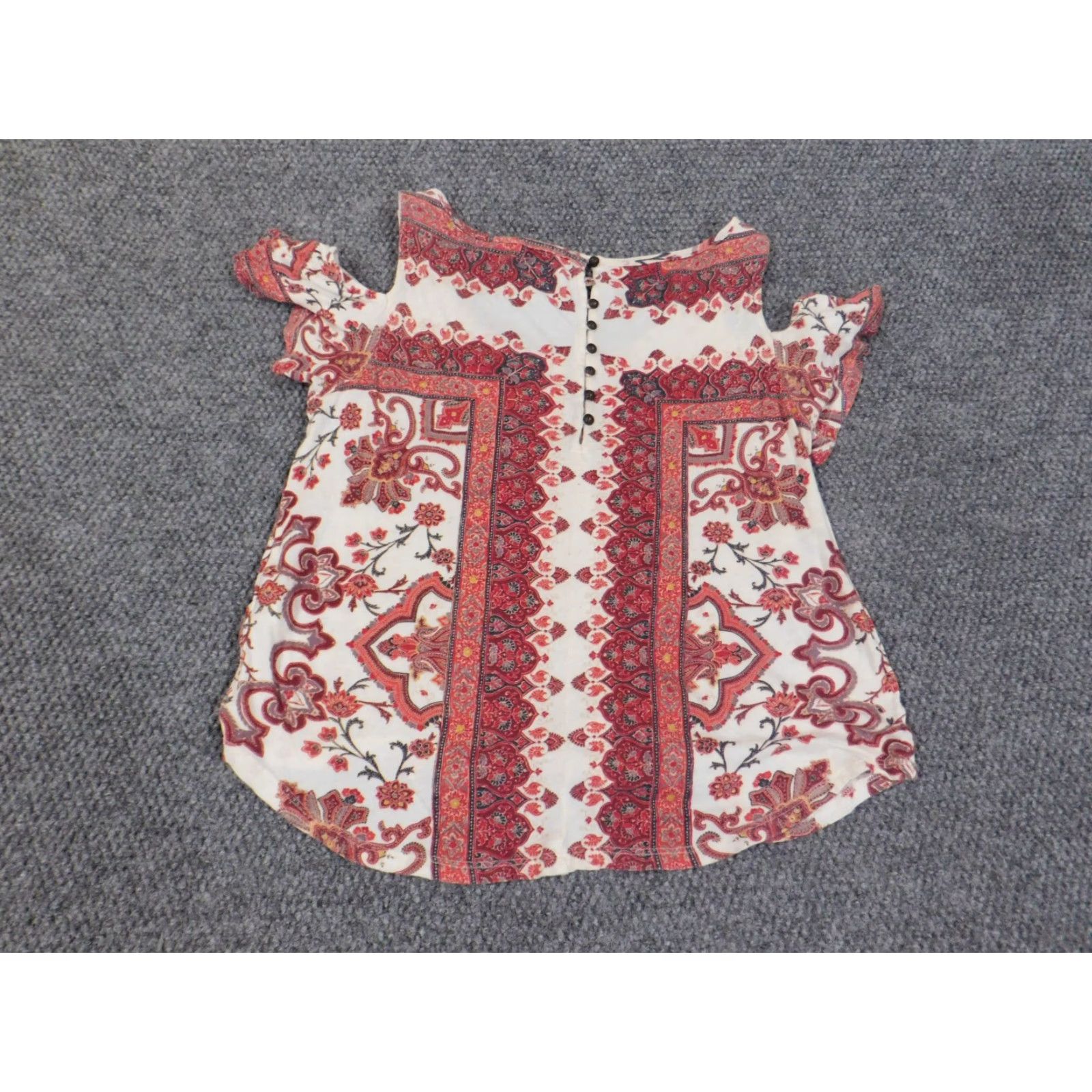 Lucky Brand Lucky Brand Blouse Womens XS Red Floral Geometric Knit Cotton Viscose Nylon Strap Round Neck Long Sleeve Casual Modern Classic Size XS / US 0-2 / IT 36-38 - 7 Thumbnail