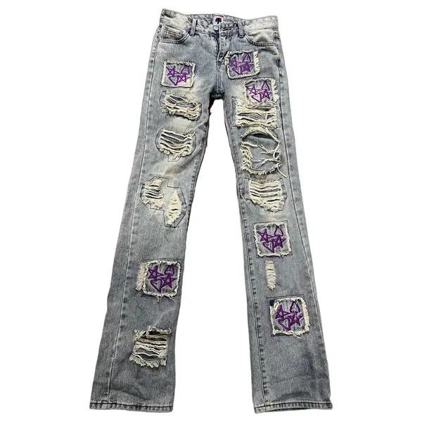 VIBE Heavy Star Heart Embroidered Double Patch Washed Jeans Size US 33 - 6 Thumbnail