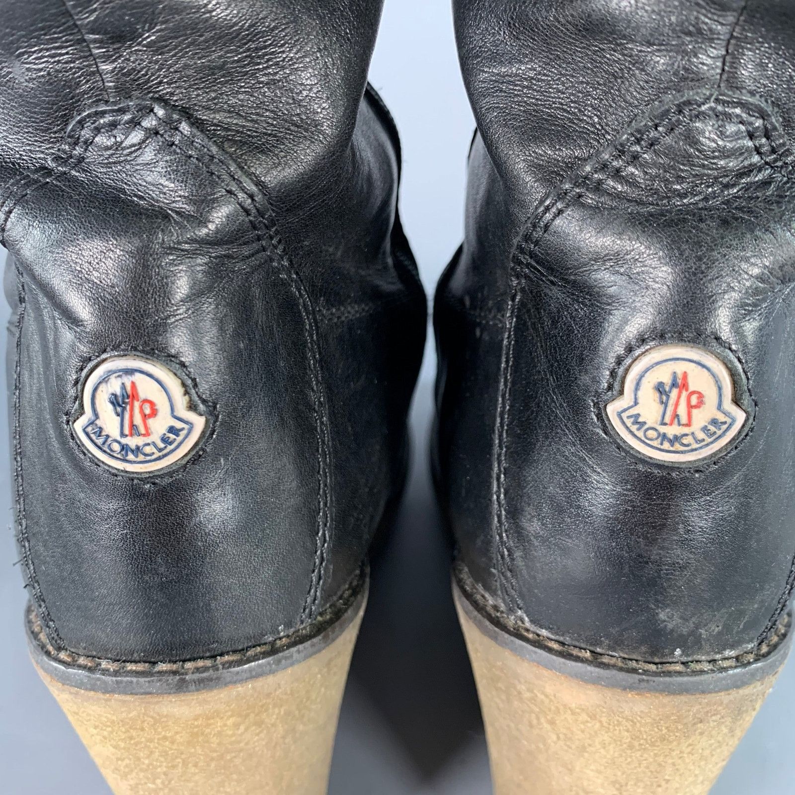 Moncler MONCLER Black Brown Leather Knee High Crepe Sole Wedge Boots Size US 10 / IT 40 - 4 Thumbnail