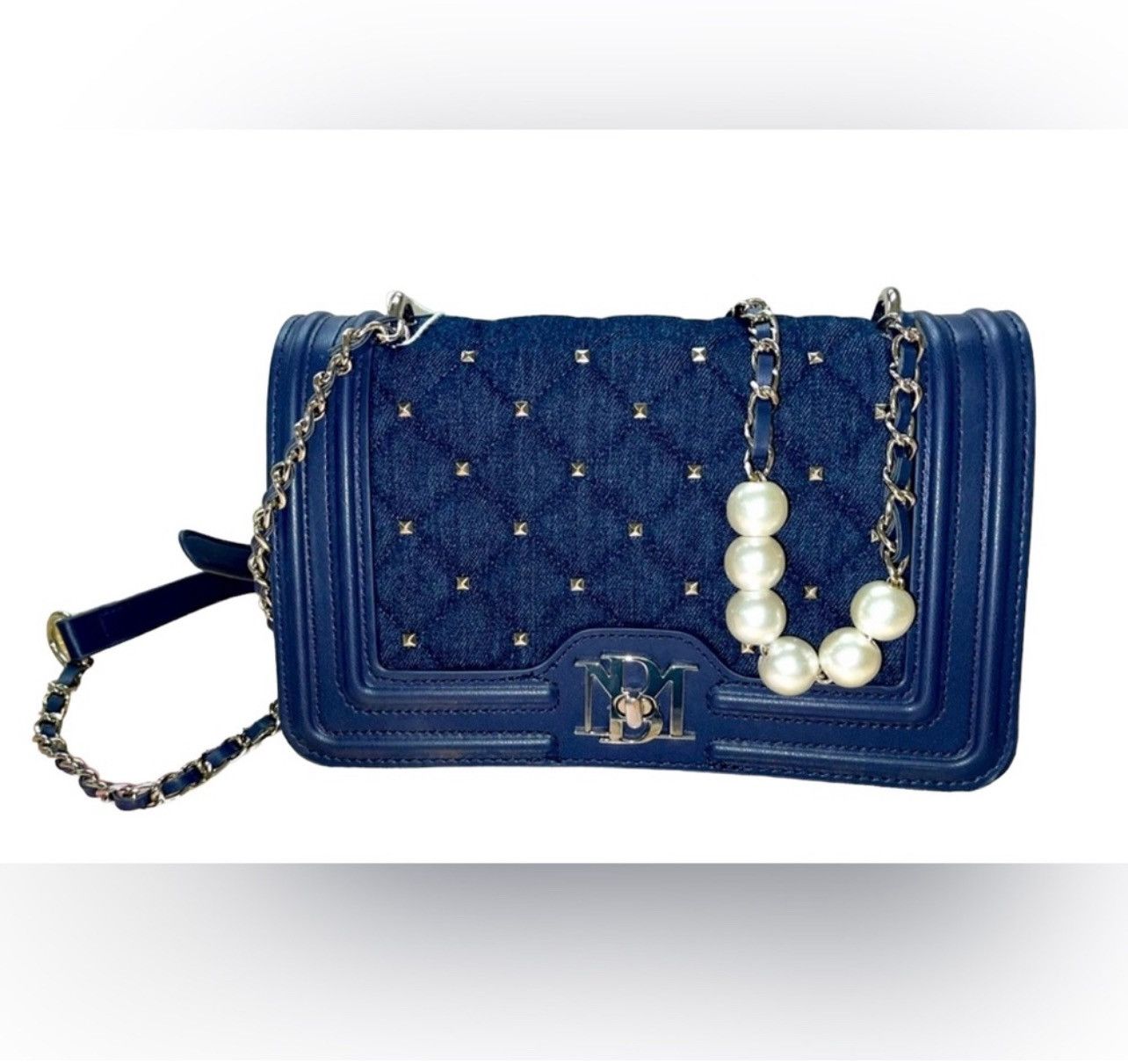 Badgley Mischka Badgley Mischka Denim Blue Vegan Leather Studded Pearl Bag Size ONE SIZE - 1 Thumbnail