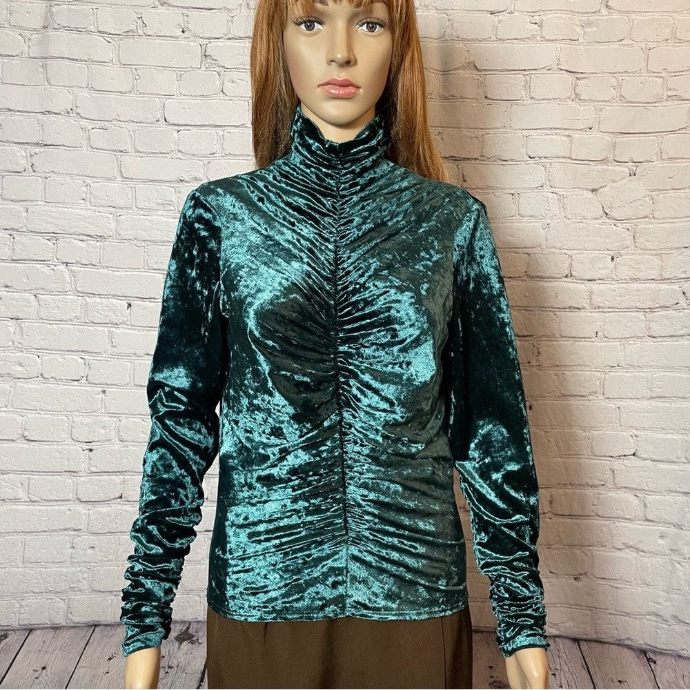 Ronny Kobo Ronny Kobo Karoline Ruched Velvet Teal Turtleneck Top Size Size L / US 10 / IT 46 - 3 Thumbnail