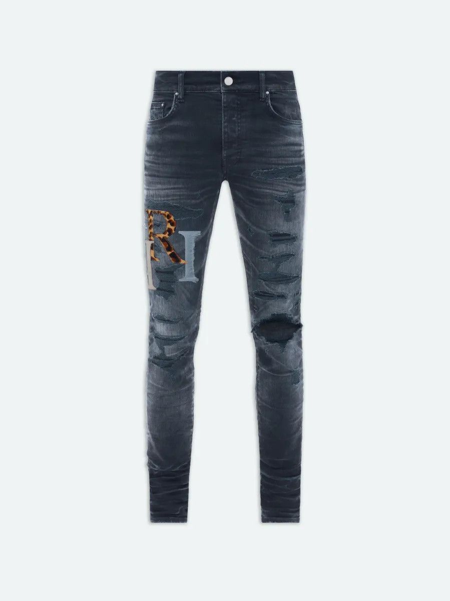 Amiri o1gr1nt0525 Leather Staggered Logo Jeans in Vintage Indigo Size US 31 - 1 Thumbnail