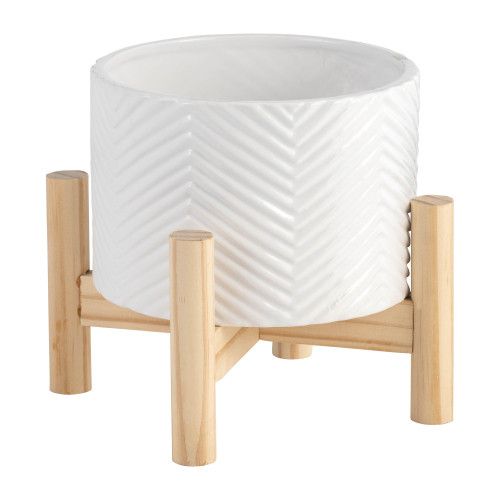Designer × Homemade 6" CERAMIC CHEVRON PLANTER W/ WOOD STAND, WHITE Size US L / EU 52-54 / 3 - 1 Thumbnail