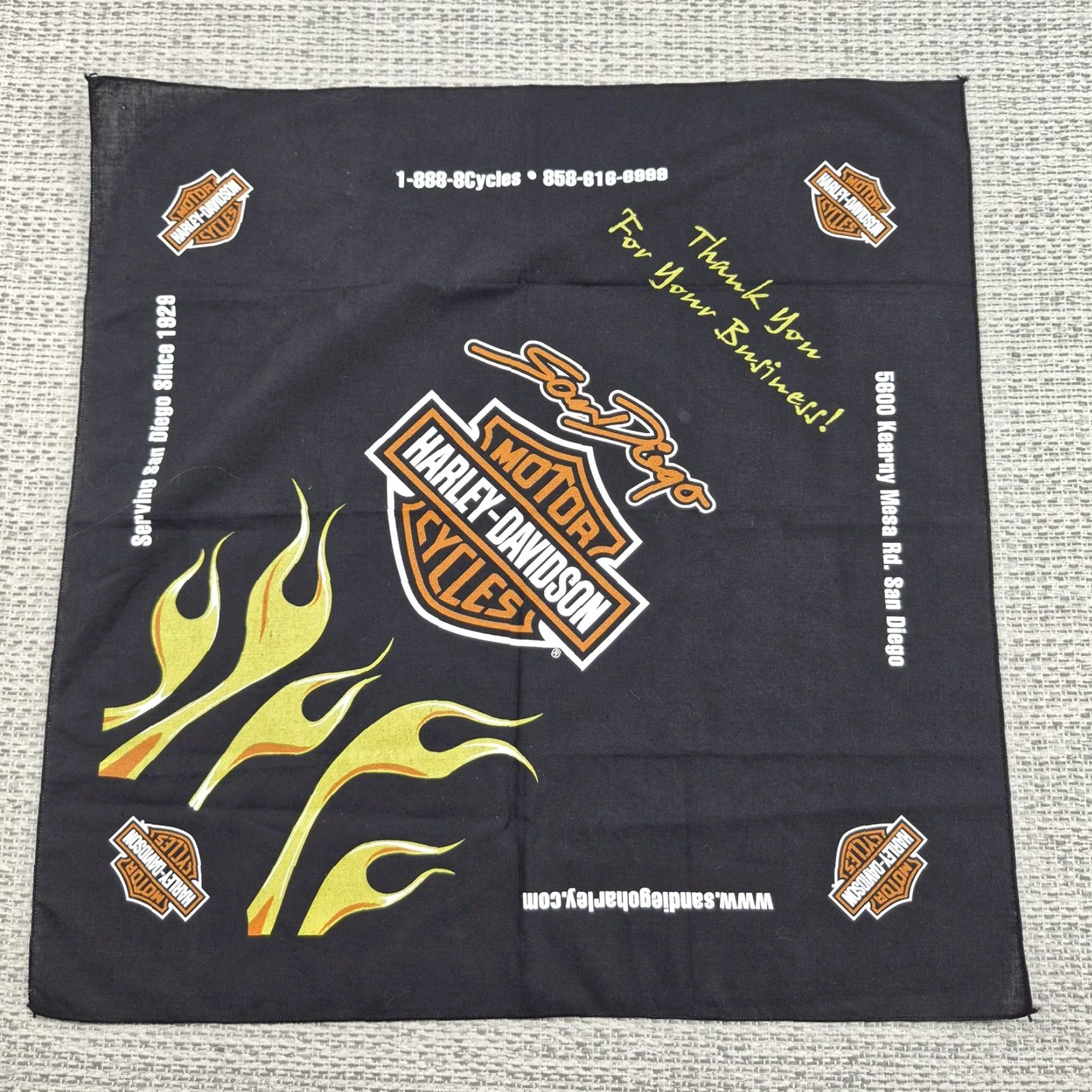 Harley Davidson Harley-Davidson Bandana Scarf Mens 21x21 Black San Diego Flames Biker Dealer Logo Shirt? Size ONE SIZE - 2 Thumbnail
