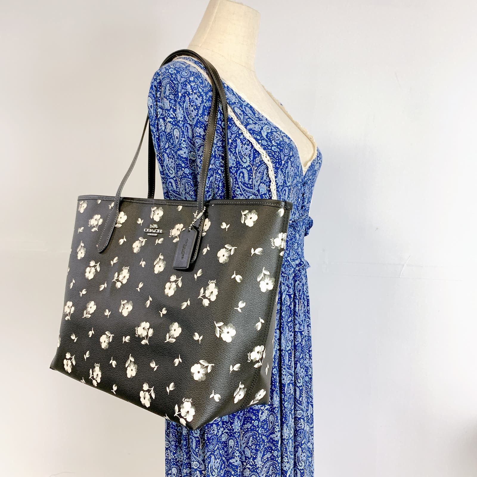 image of Coach Cp073 City Tote With Floral Print In Black Multi, Women's