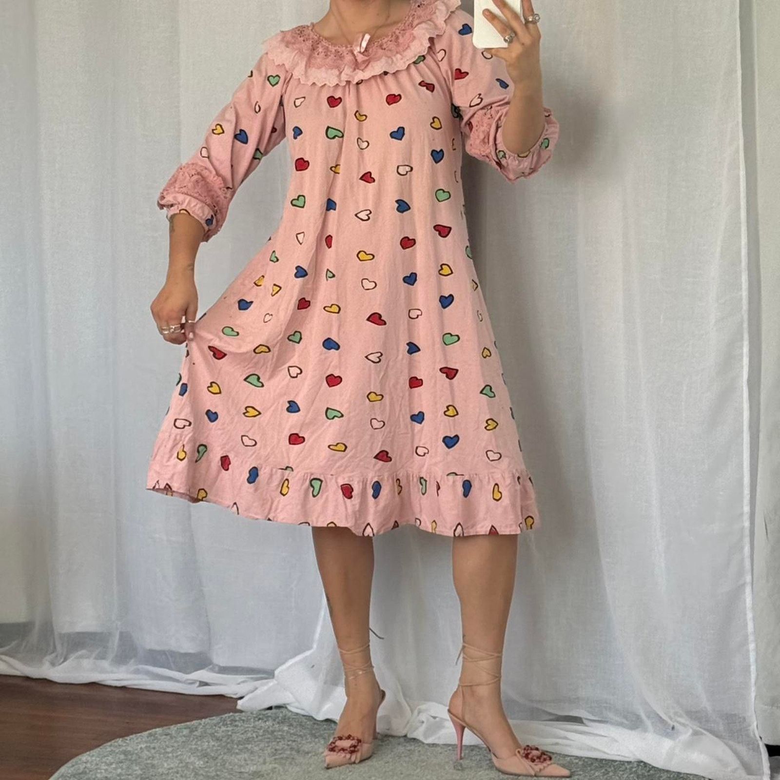 Vintage ✦ Vintage Pink Clowncore Babydoll Lace Dress ✦ Size L / US 10 / IT 46 - 2 Thumbnail