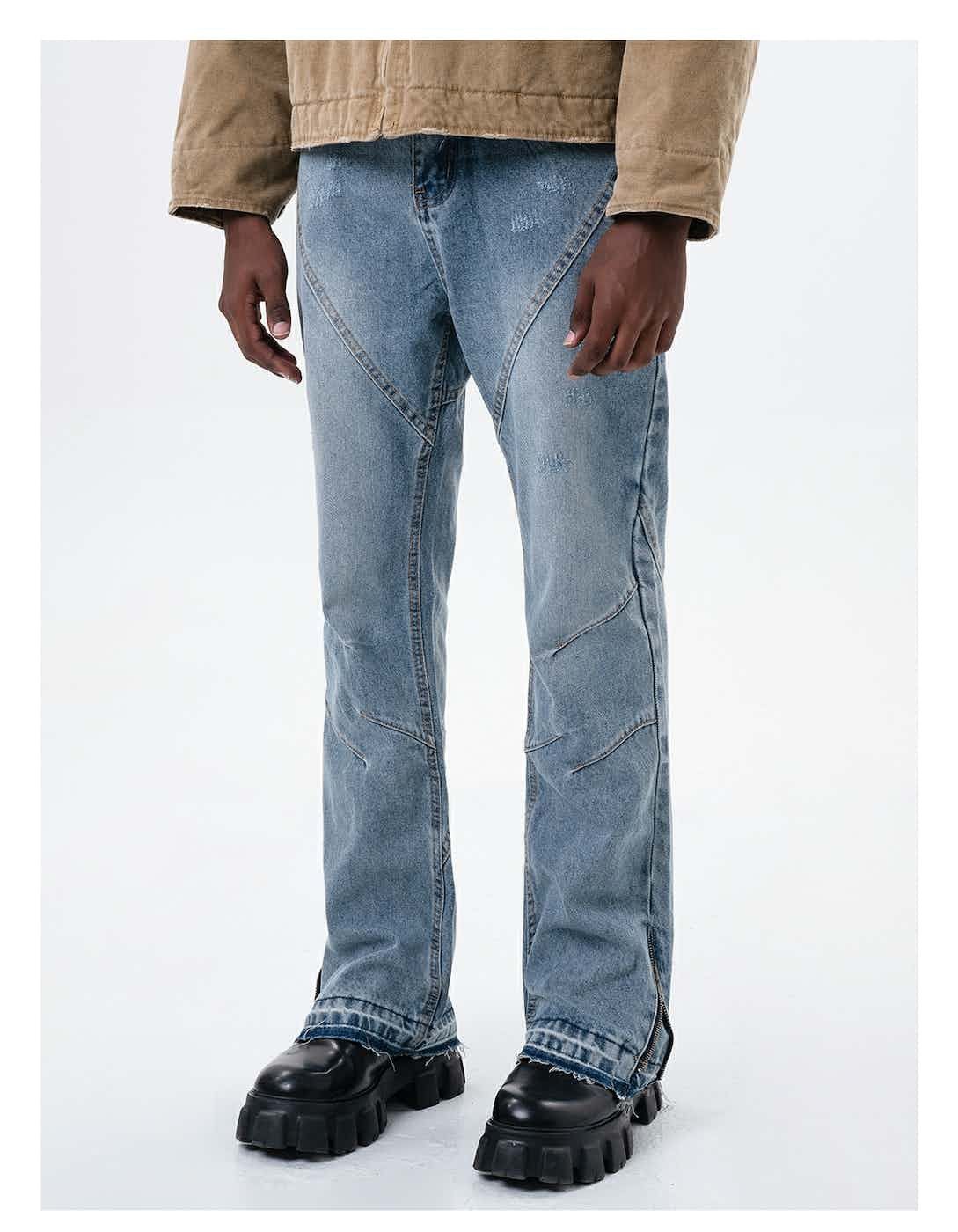 washed faded zipper damaged flared jeans