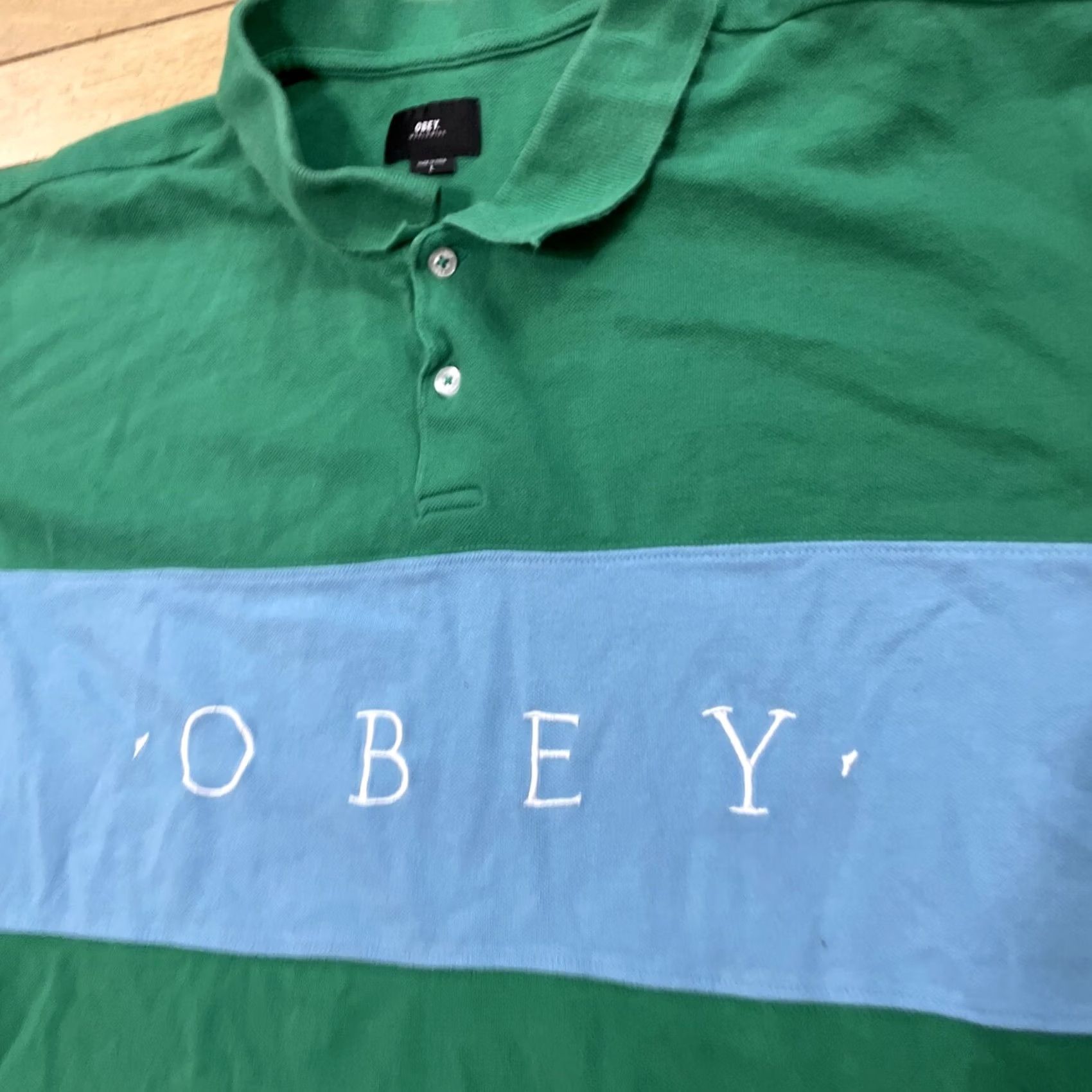 Obey OBEY Polo Shirt Men L Green Blue Colorblock Y2k Streetwear Knit Polo Shirt Colorblock Logo Short Sleeve Casual Golf 90s Preppy Size US L / EU 52-54 / 3 - 5 Thumbnail