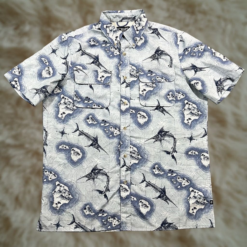 Chaps Chaps Hawaiian Shirt Mens M Blue Button Down Fishing Islands Swordfish Skeleton Size US M / EU 48-50 / 2 - 1 Thumbnail