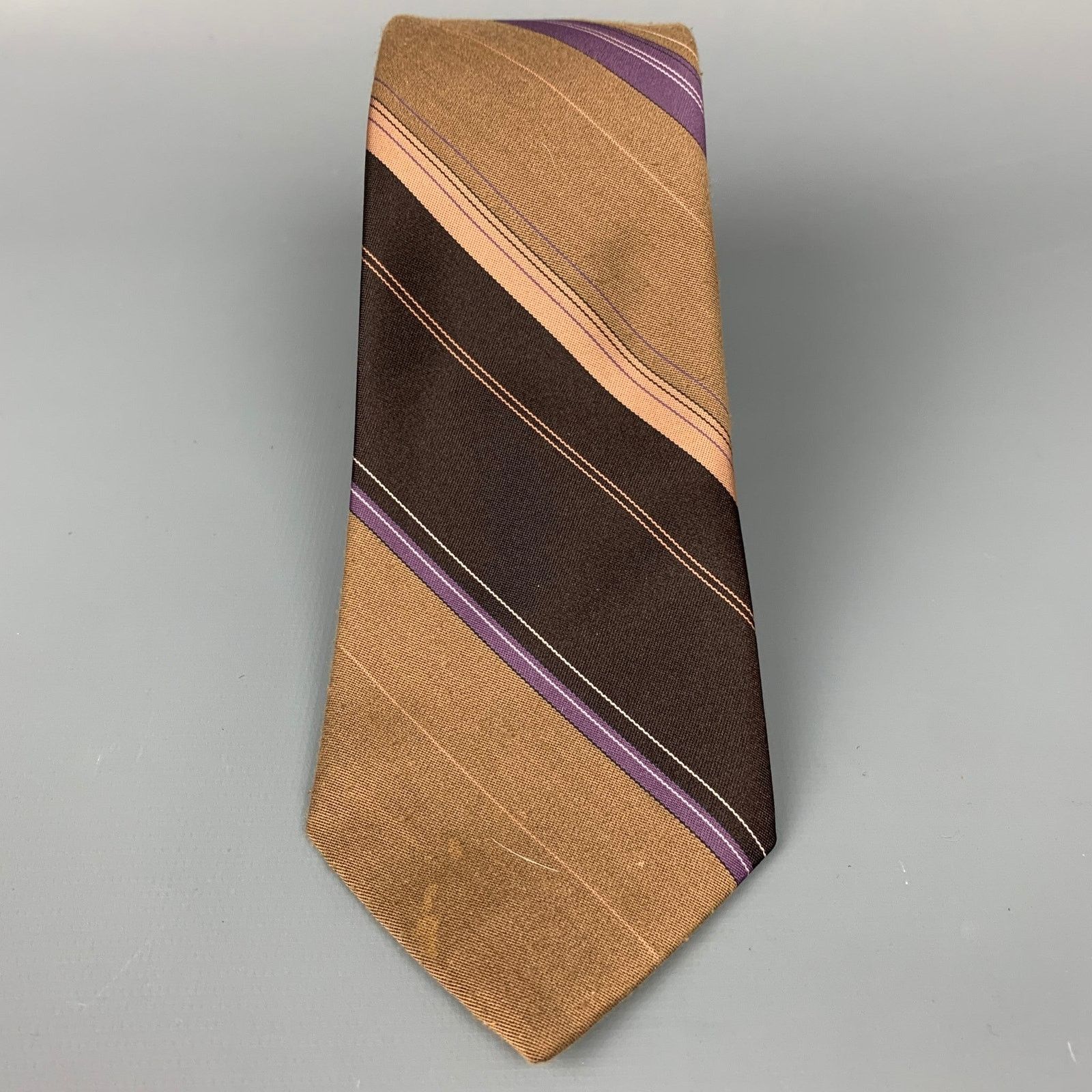 Van Heusen Dark Brown & Taupe Diagonal Stripe Polyester / Silk Tie Size ONE SIZE - 2 Thumbnail