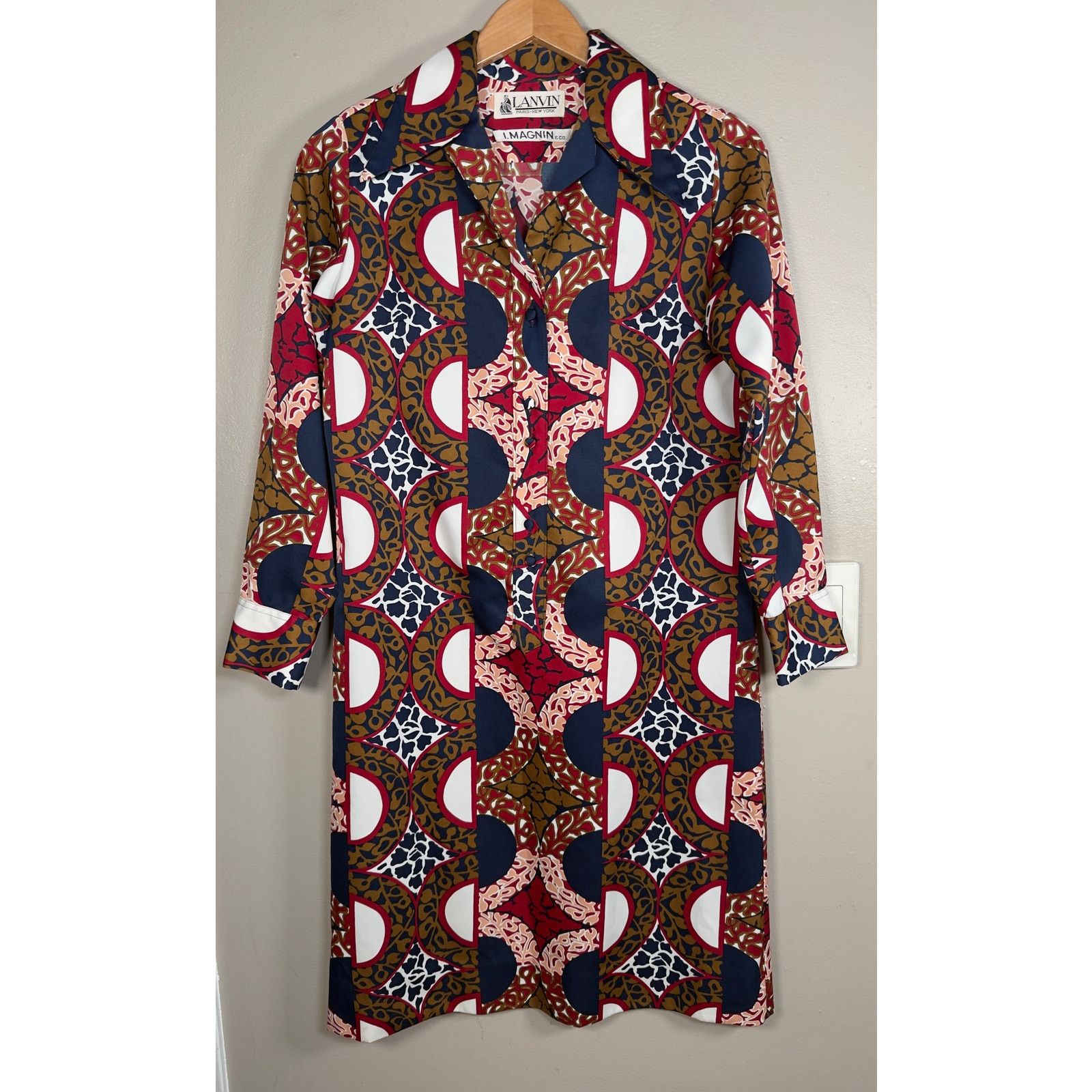 Lanvin Vintage 1960’s Lanvin Geometric Batik Silk Shirtdress size 6 Size M / US 6-8 / IT 42-44 - 4 Thumbnail