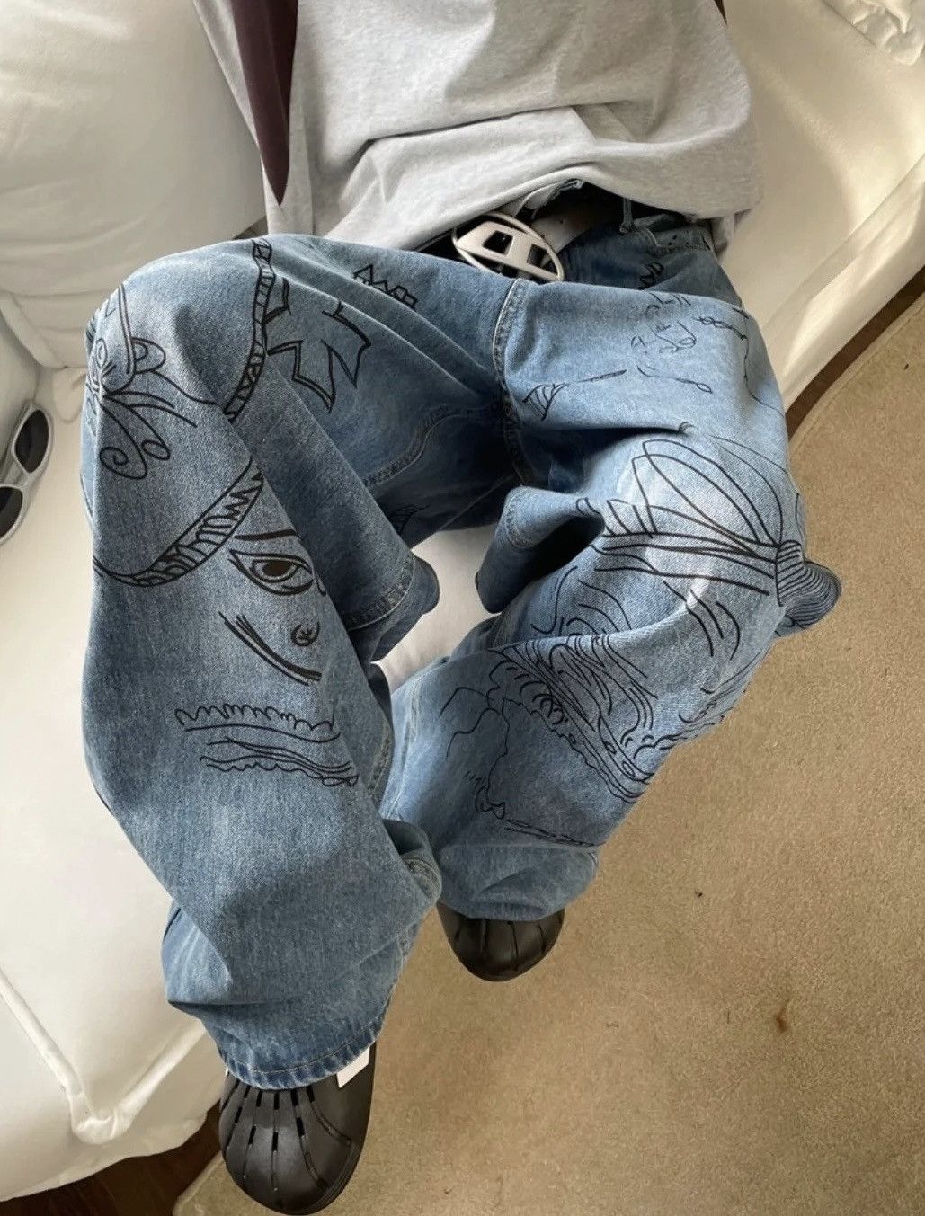 image of Distressed Denim x Jean Men Printed Blue Hippie Jeans (Size 31)