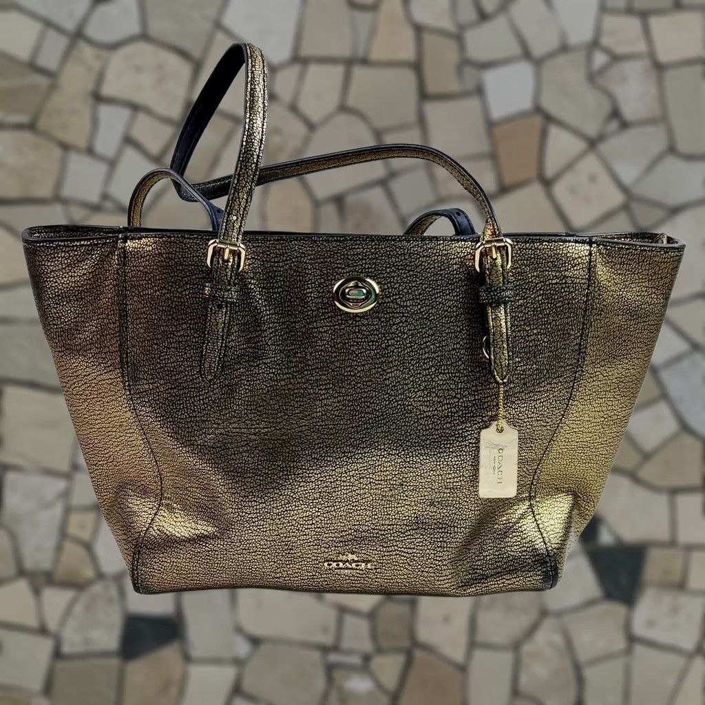 Coach Coach Tote Handbag Purse Metallic Leather Turn Lock Gold Leather Exterior Tote Women Size ONE SIZE - 1 Thumbnail