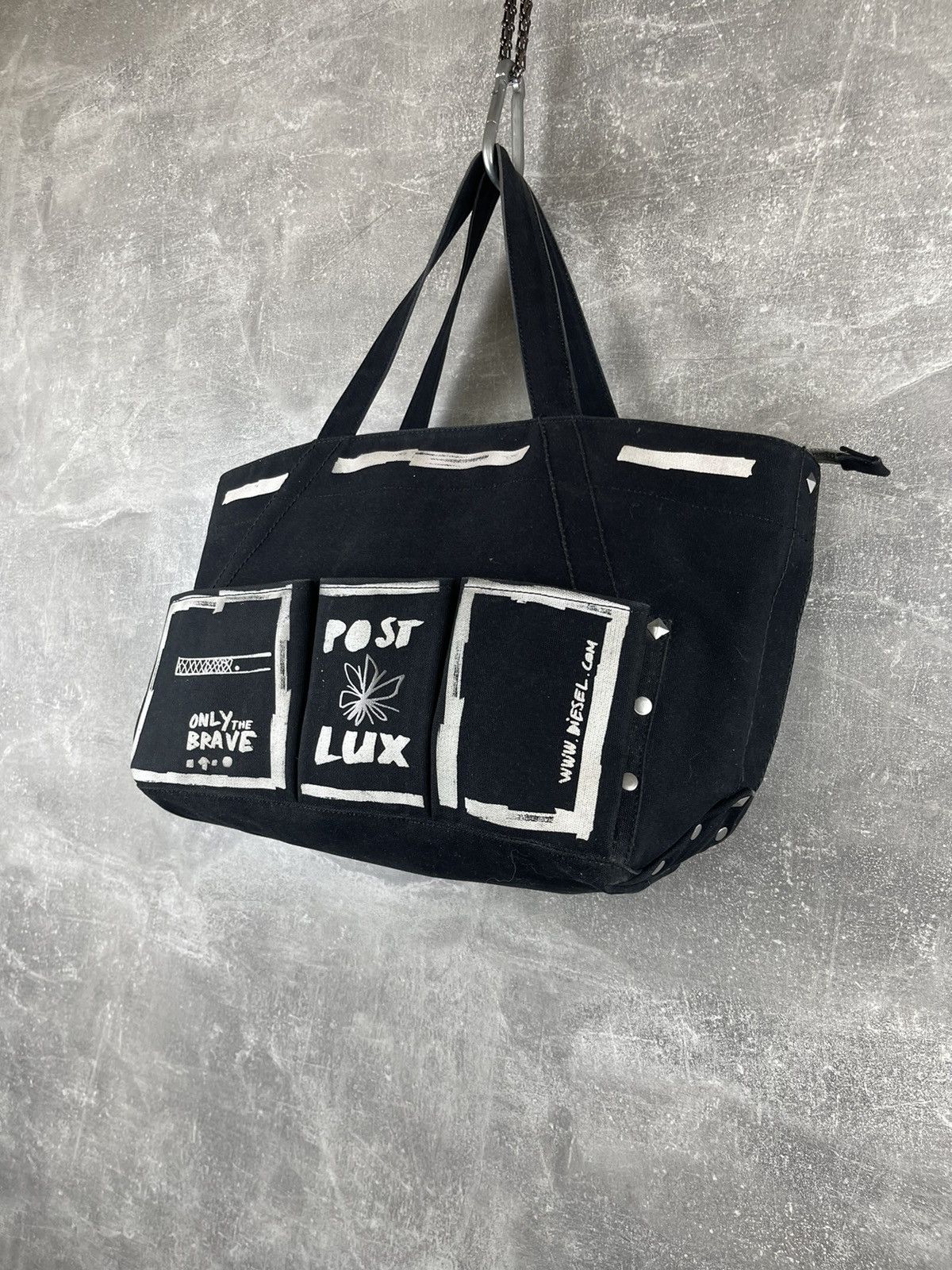 Diesel Diesel Post Lux Bag Black Canvas Punk Grunge Print Studs Zip Size ONE SIZE - 2 Thumbnail