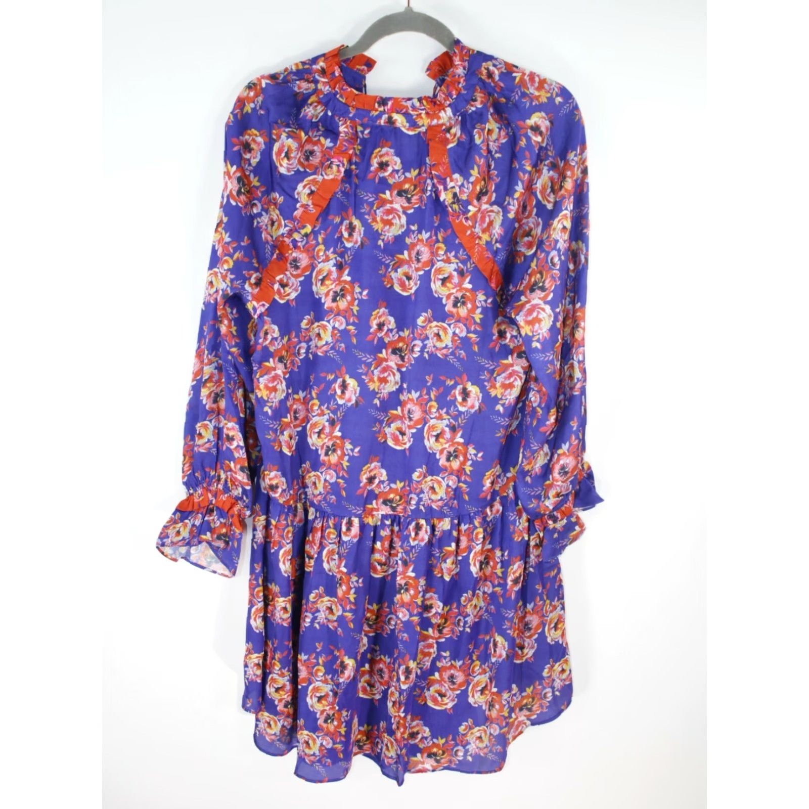 Vintage Ella Moon Blue Midi Dress Womens Floral Tie Neck Peplum Hem A-Line Flutter Sleeve Size L NWT Size L / US 10 / IT 46 - 2 Thumbnail