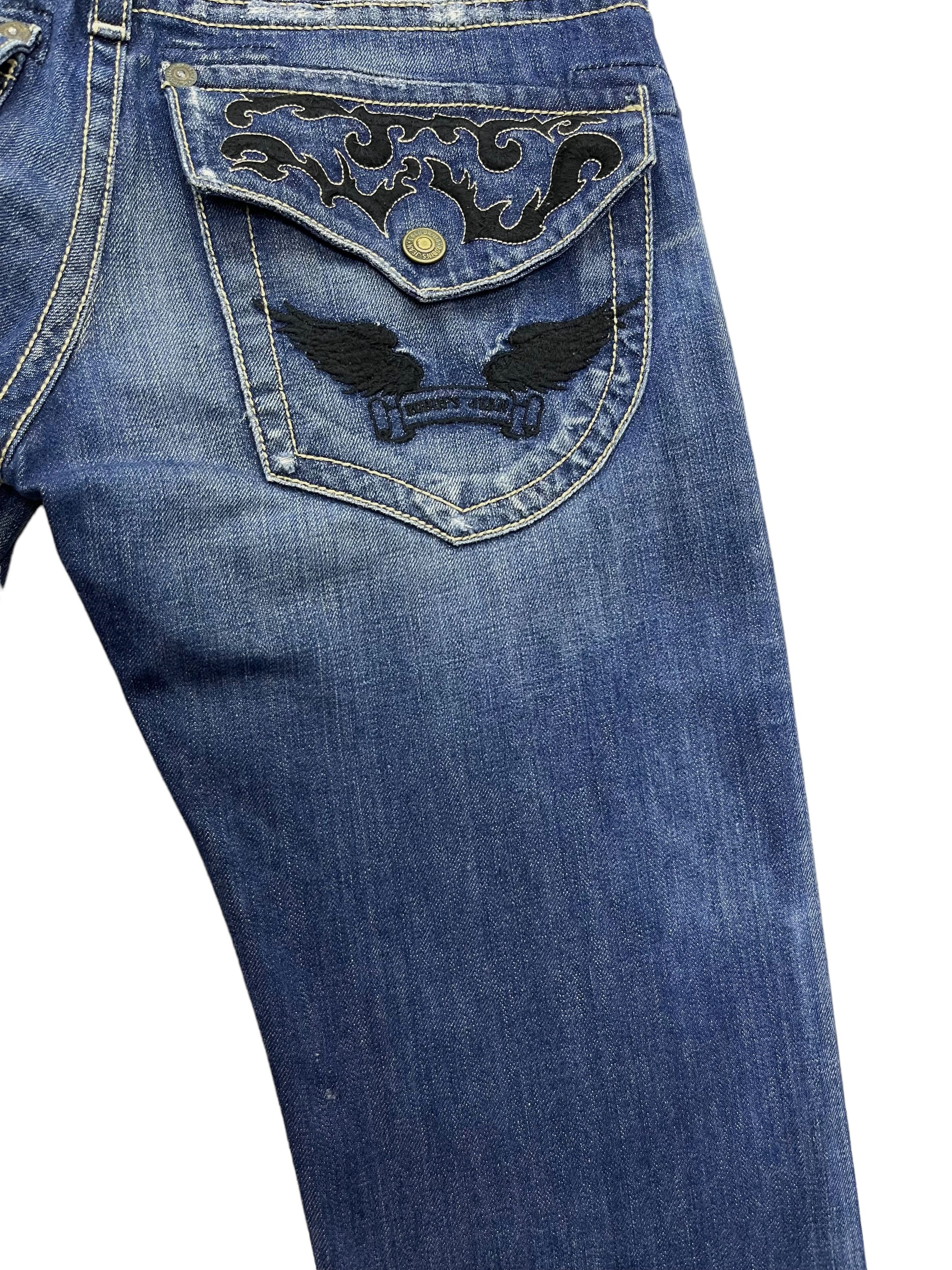 Robins Jeans ROBINS JEANS BLACK WINGS Tribal Embroidery Minimalist Flare Size US 29 - 7 Thumbnail