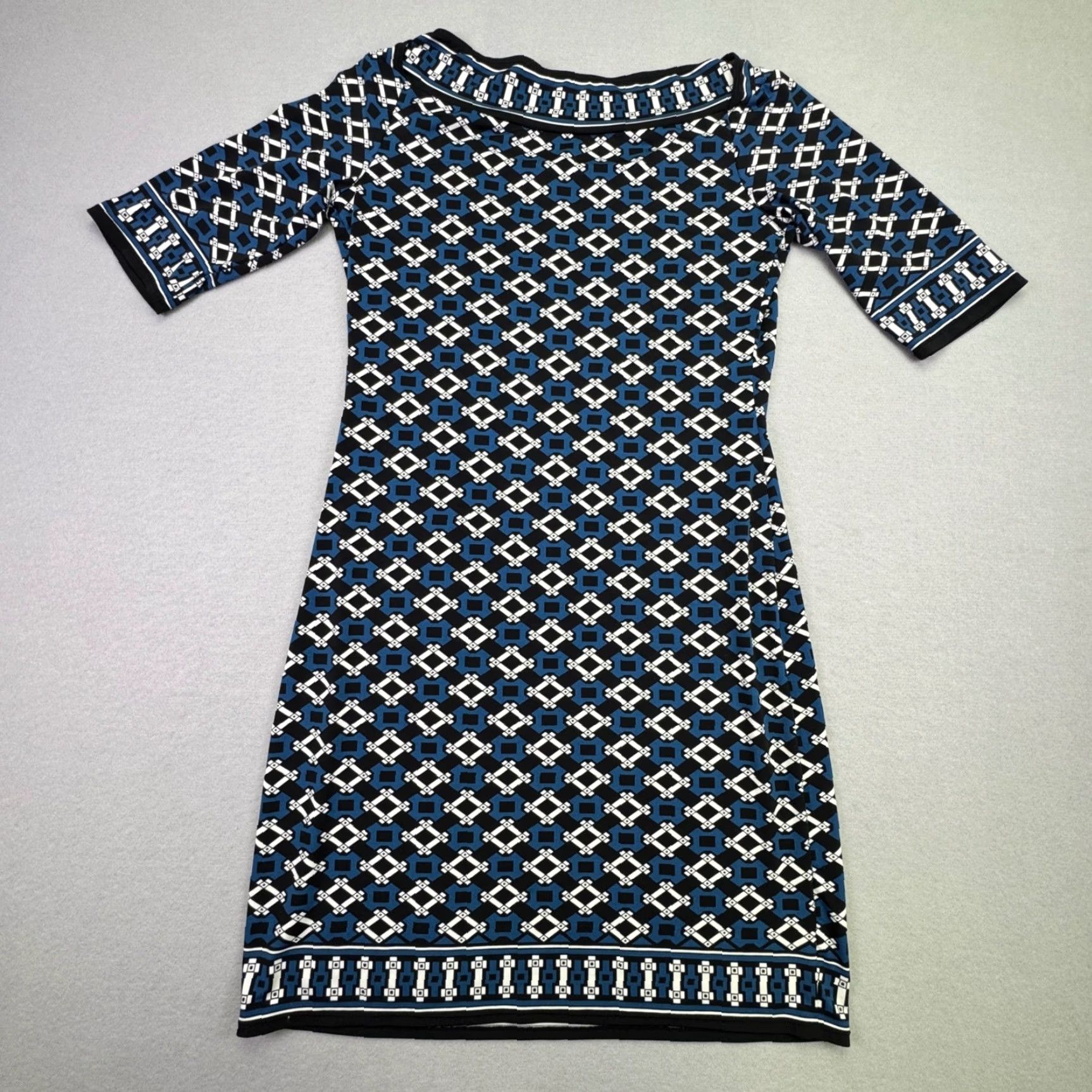 Max Studio Dress Geometric Print Boat Neck 3/4 Sleeve Sheath Women Blue