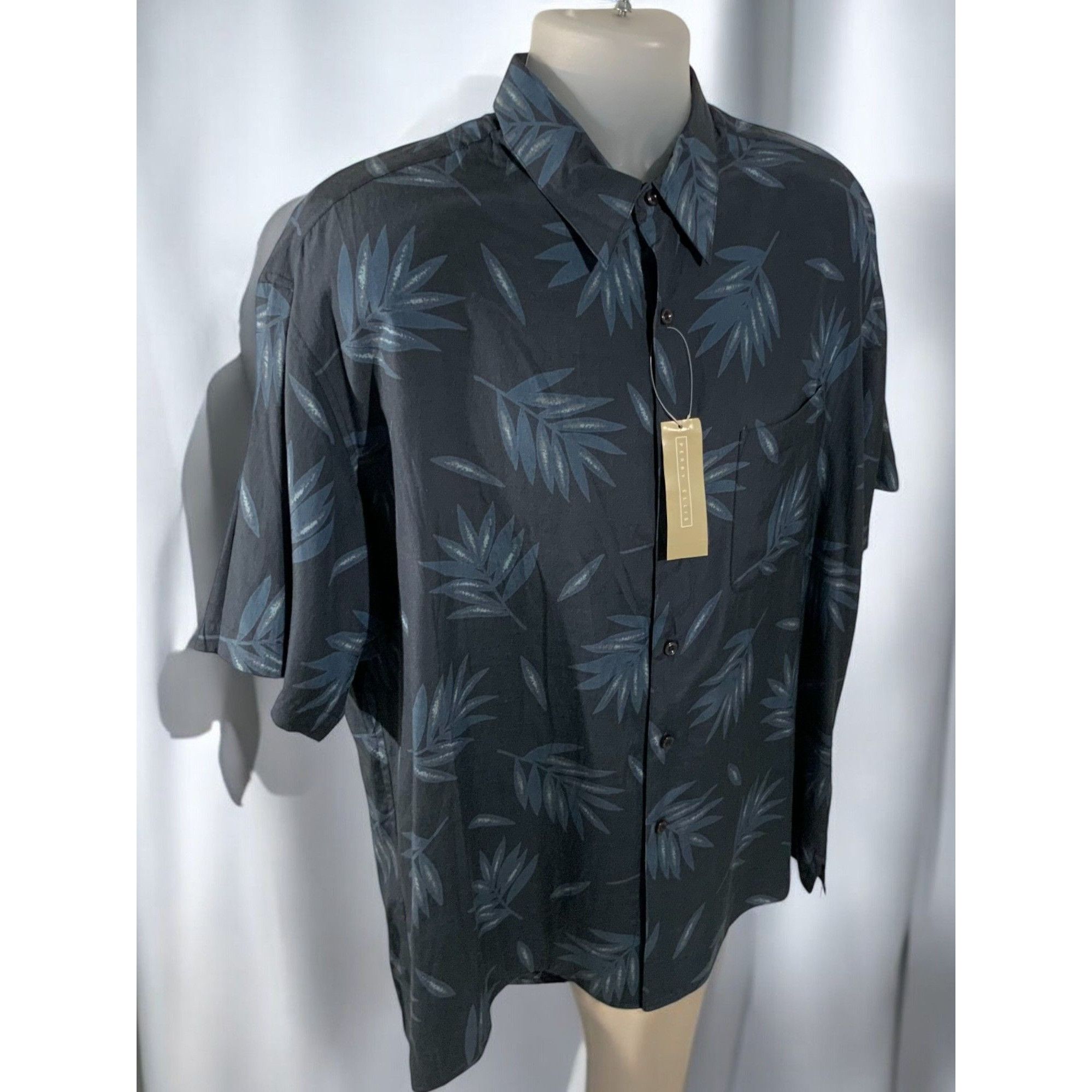 Perry Ellis Perry Ellis Silk Blend Tropical Navy Button Down Shirt New L Size US L / EU 52-54 / 3 - 5 Thumbnail