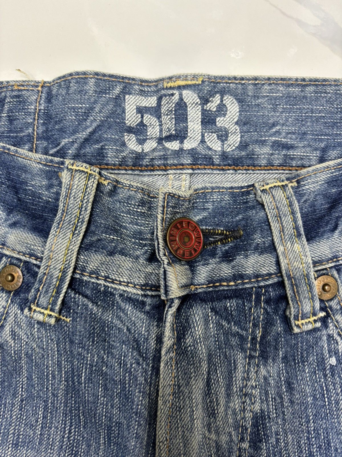 Kapital 🔥EDWIN 503 BLUE TRIP PAINTER DISTRESSED DENIM JEANS Size US 31 - 10 Thumbnail