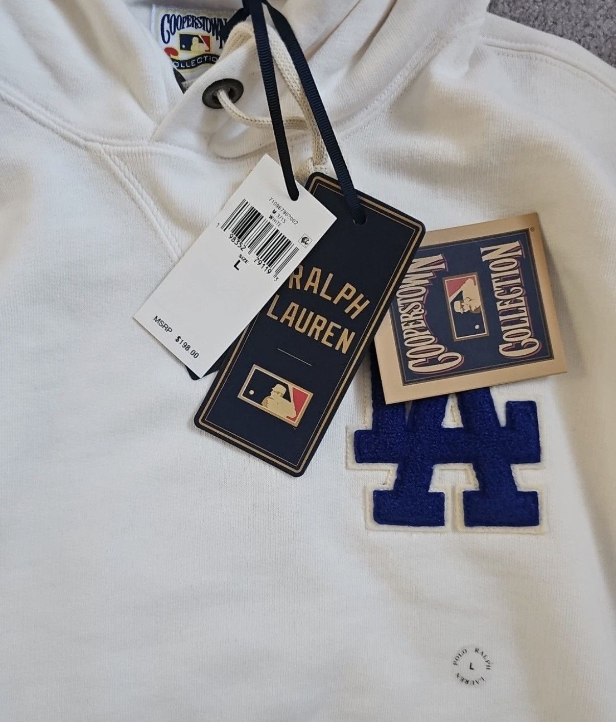 MLB × Polo Ralph Lauren Los Angeles Dodgers White Cream Fleece Hoodie New Large Size US L / EU 52-54 / 3 - 3 Thumbnail