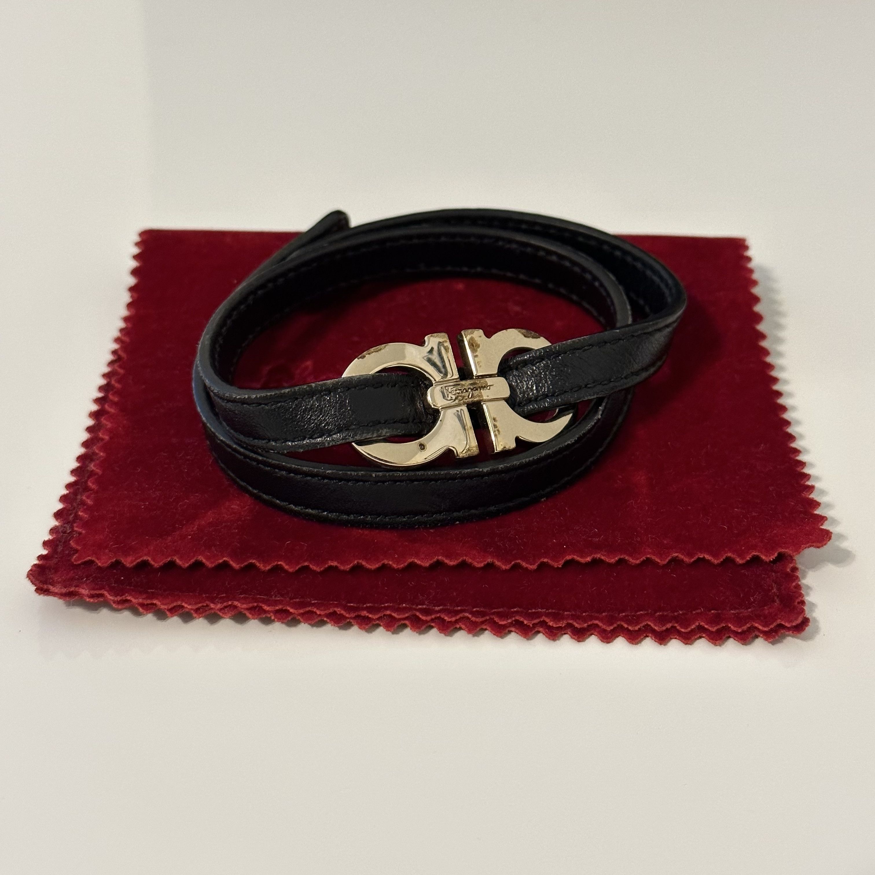 Salvatore Ferragamo Black Leather and Gold Plated Double-Wrap Bracelet Size ONE SIZE - 1 Thumbnail