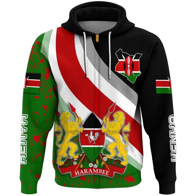 Afro Kenya Lion Head Zip Hoodie Flag Style LT18