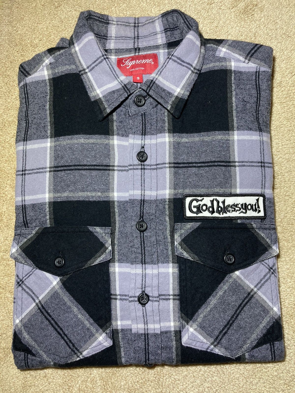 image of Fw17 Supreme God Bless You Plaid Flannel Shirt Shadow 2017 in Black, Men's (Size Small)