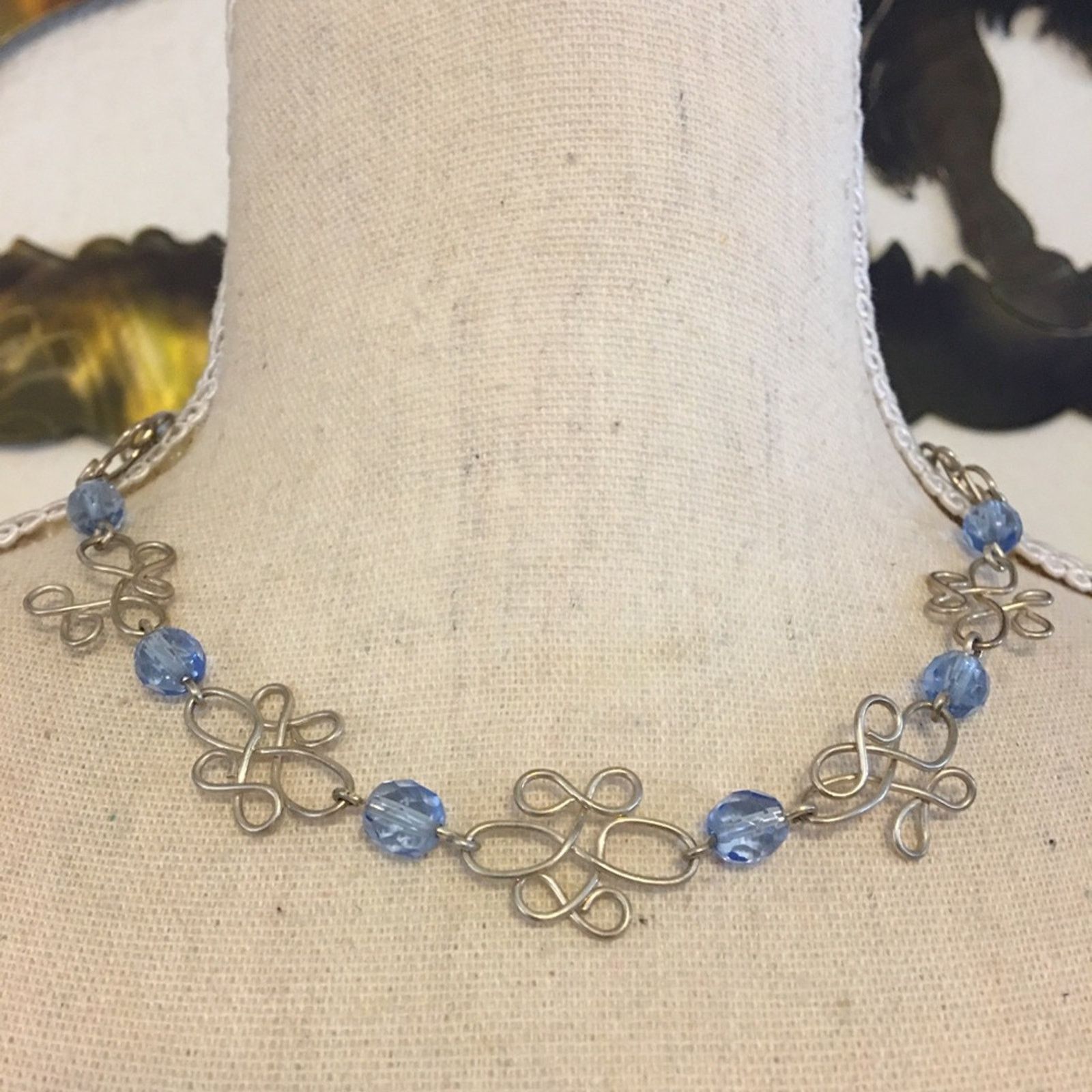 Jewelry Silver Scroll Design Blue Faceted Bead Necklace, Women's