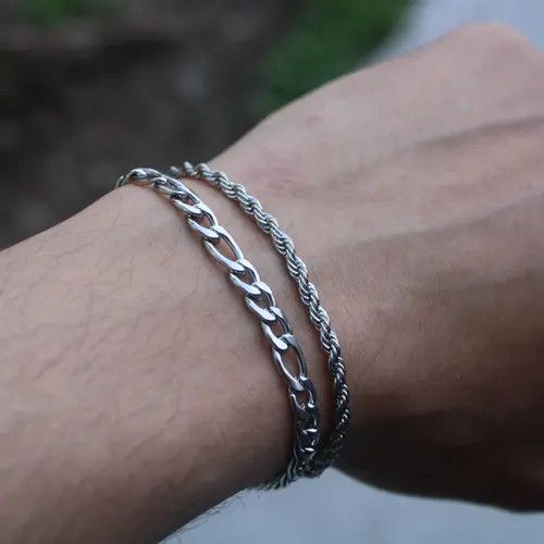 Jewelry Silver 5mm Figaro Link & 3mm Rope Bracelet Set Size ONE SIZE - 5 Thumbnail