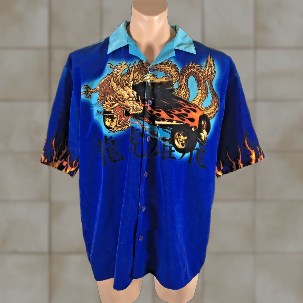 VINTAGE Impulse Samurai Dragon Shirt Front Back Print Anime Y2K Blue Multicolor Mens L Short Sleeve Button-Up Collared Shirt
