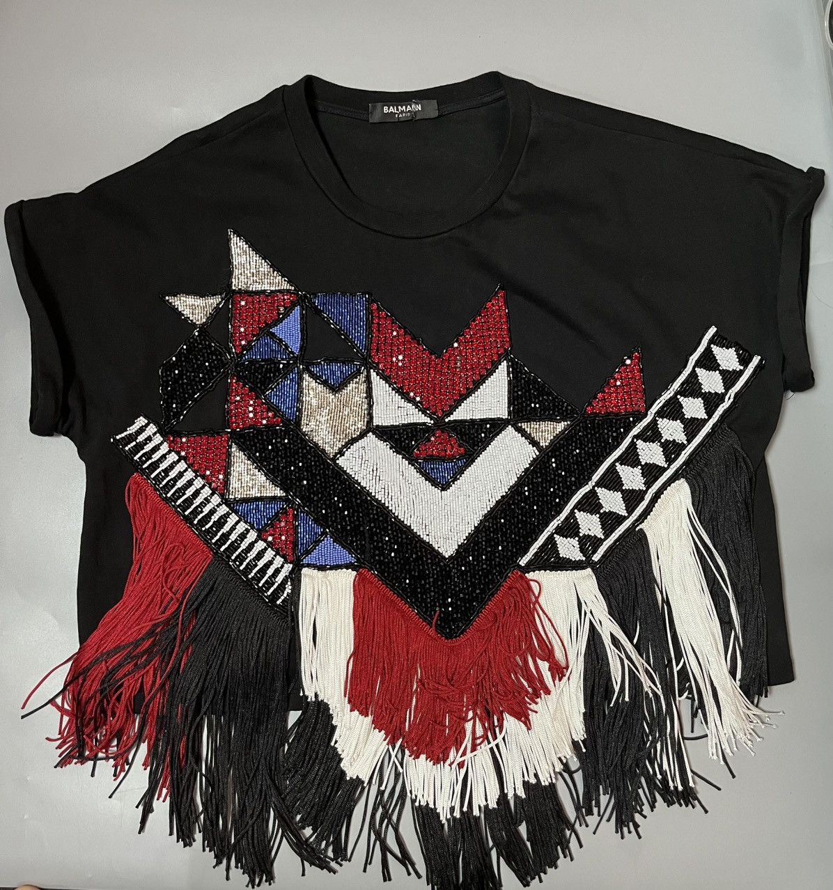 Balmain Balmain Resort 2020 beaded fringe oversized cropped t-shirt Size XS / US 0-2 / IT 36-38 - 1 Thumbnail