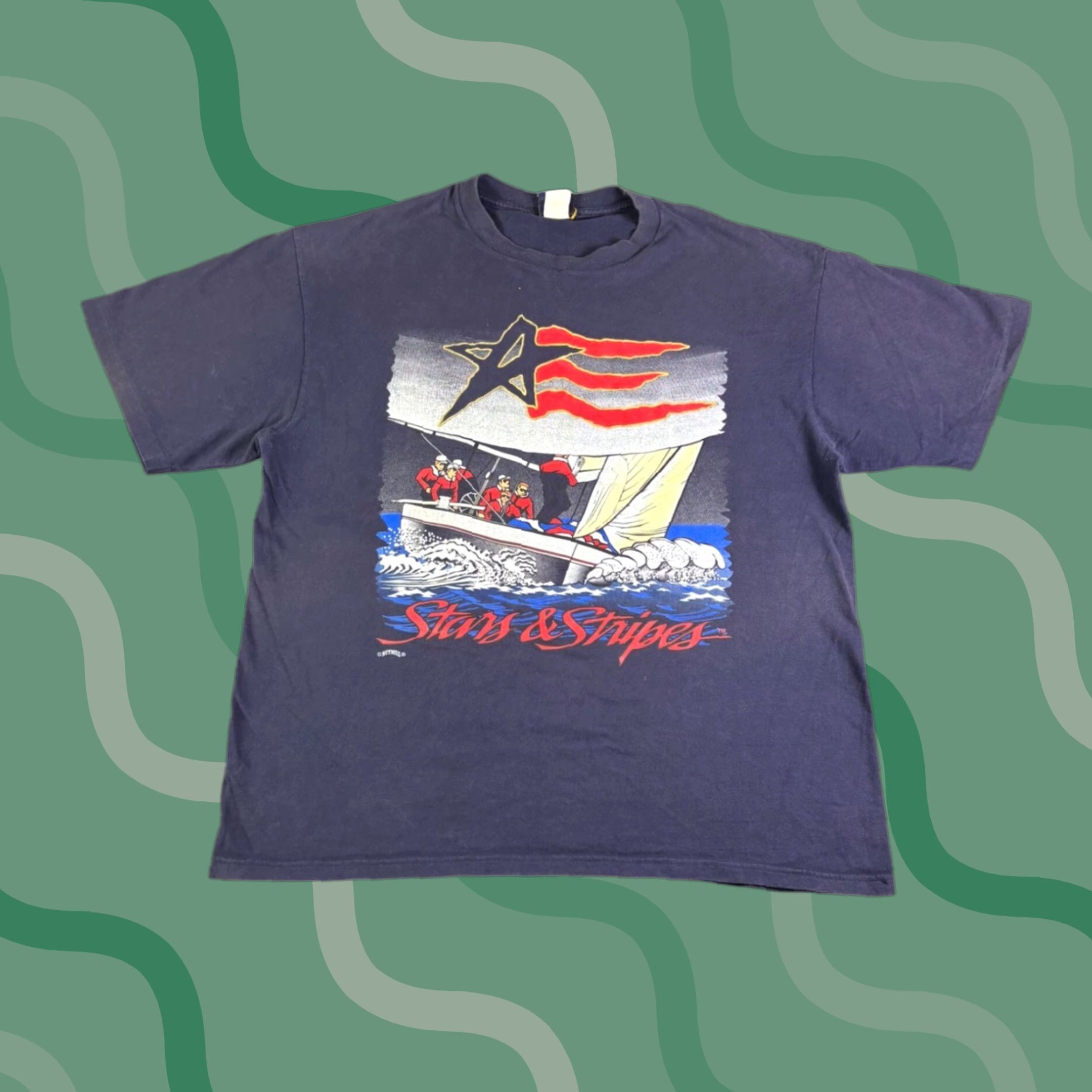 Vintage VINTAGE Stars and Stripes Sailboat Graphic T Shirt Mens XL Navy Blue Size US XL / EU 56 / 4 - 1 Thumbnail