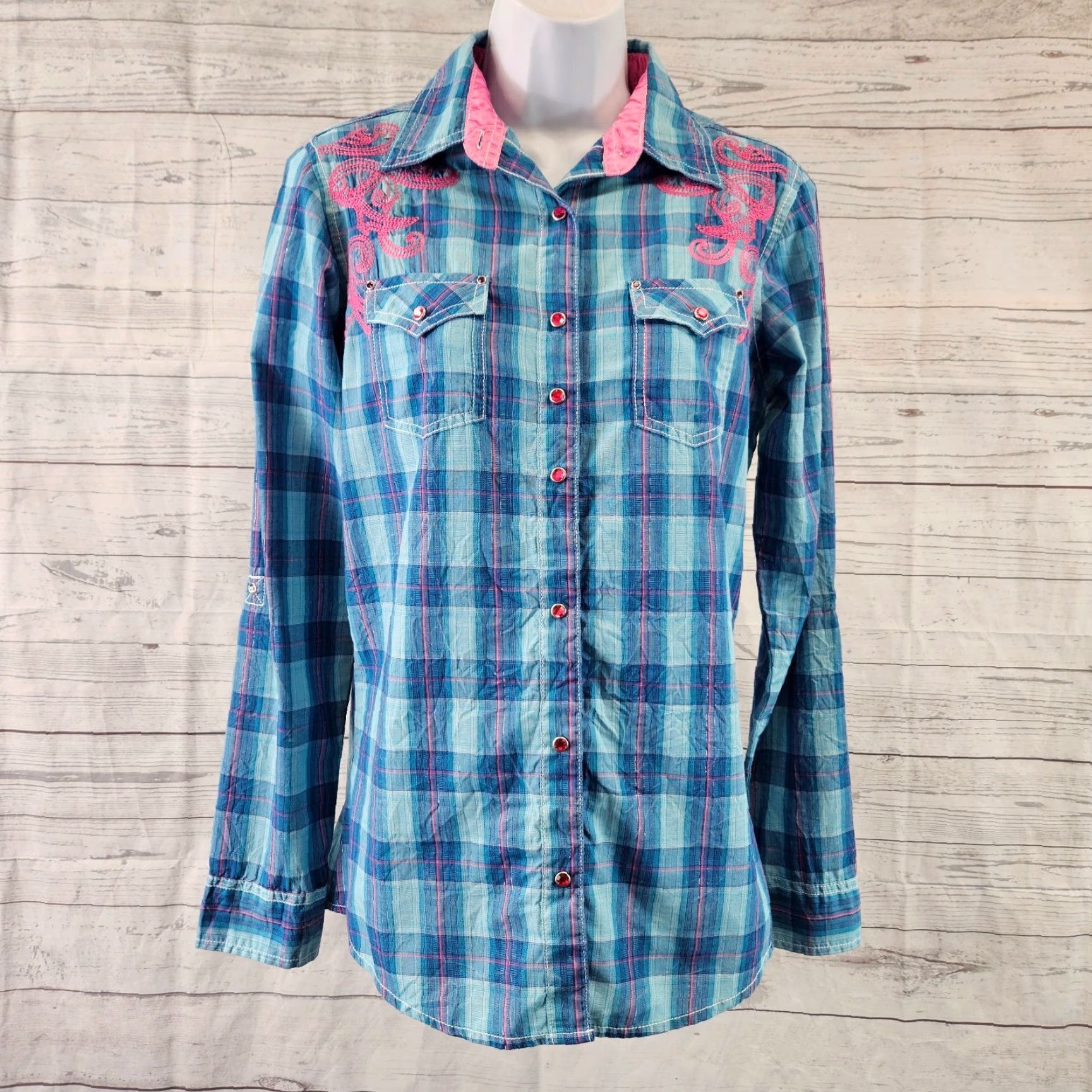 Wrangler Rock 47 by Wrangler Womens Pearl Snap Shirt Sz Small Blue Pink Embroidered Size S / US 4 / IT 40 - 2 Thumbnail