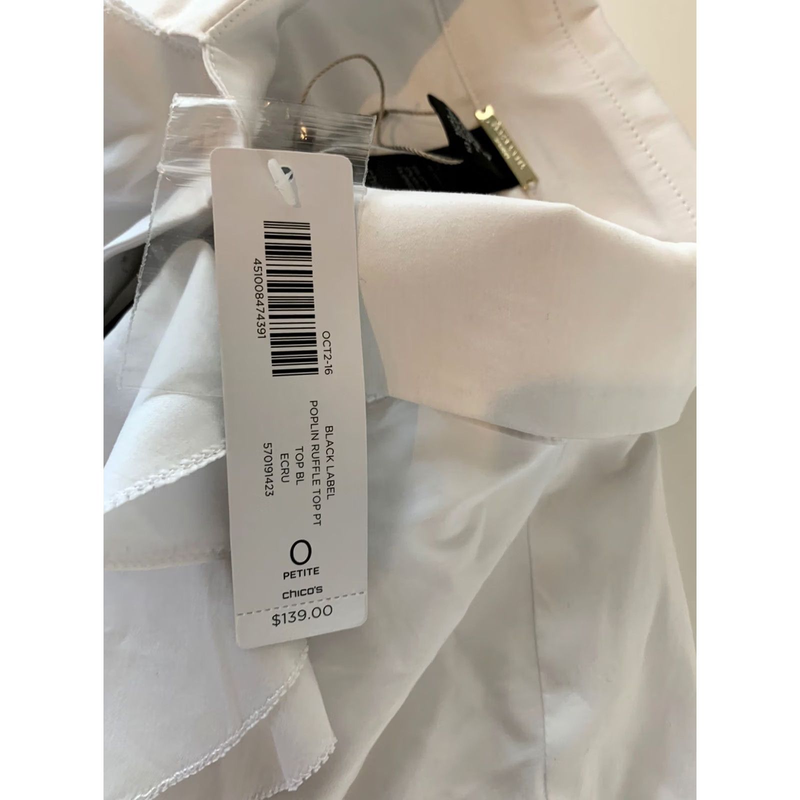 Vintage Chico's Black Label Solid White Ruffle Long Sleeve Top Womens 0P White Button-Up Petite NWT Size XS / US 0-2 / IT 36-38 - 4 Thumbnail