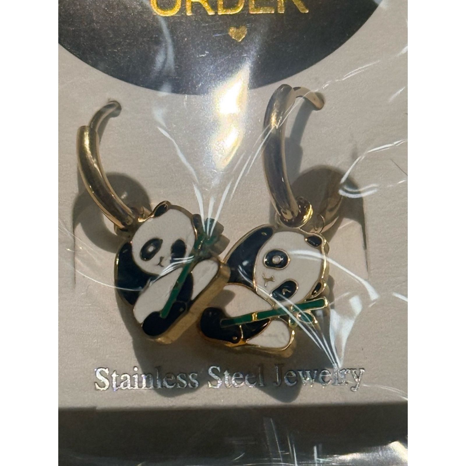 Other Gold Panda Hoop Drop Earrings with Green Bamboo Accent Size ONE SIZE - 5 Thumbnail