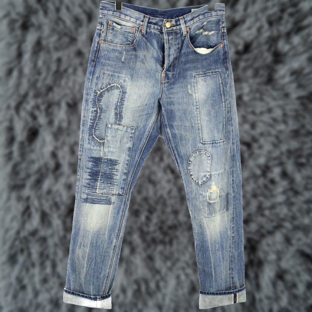 Emmett Emmett E D Gratton Patch 523 Jeans Men's W29/L32 Slim Distressed Whiskers Selvedge Blue Denim Casual Jeans Mens Size US 29 - 1 Thumbnail